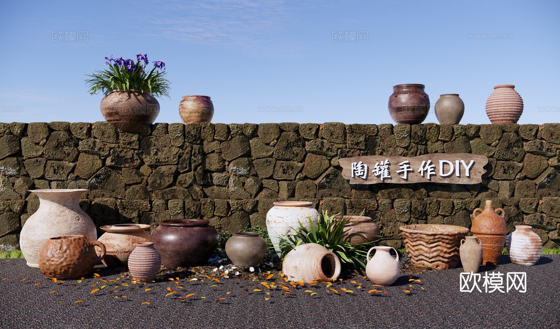 新中式庭院小品 陶罐工艺DIY 庭院陶罐小品摆件 陶罐工艺品su模型