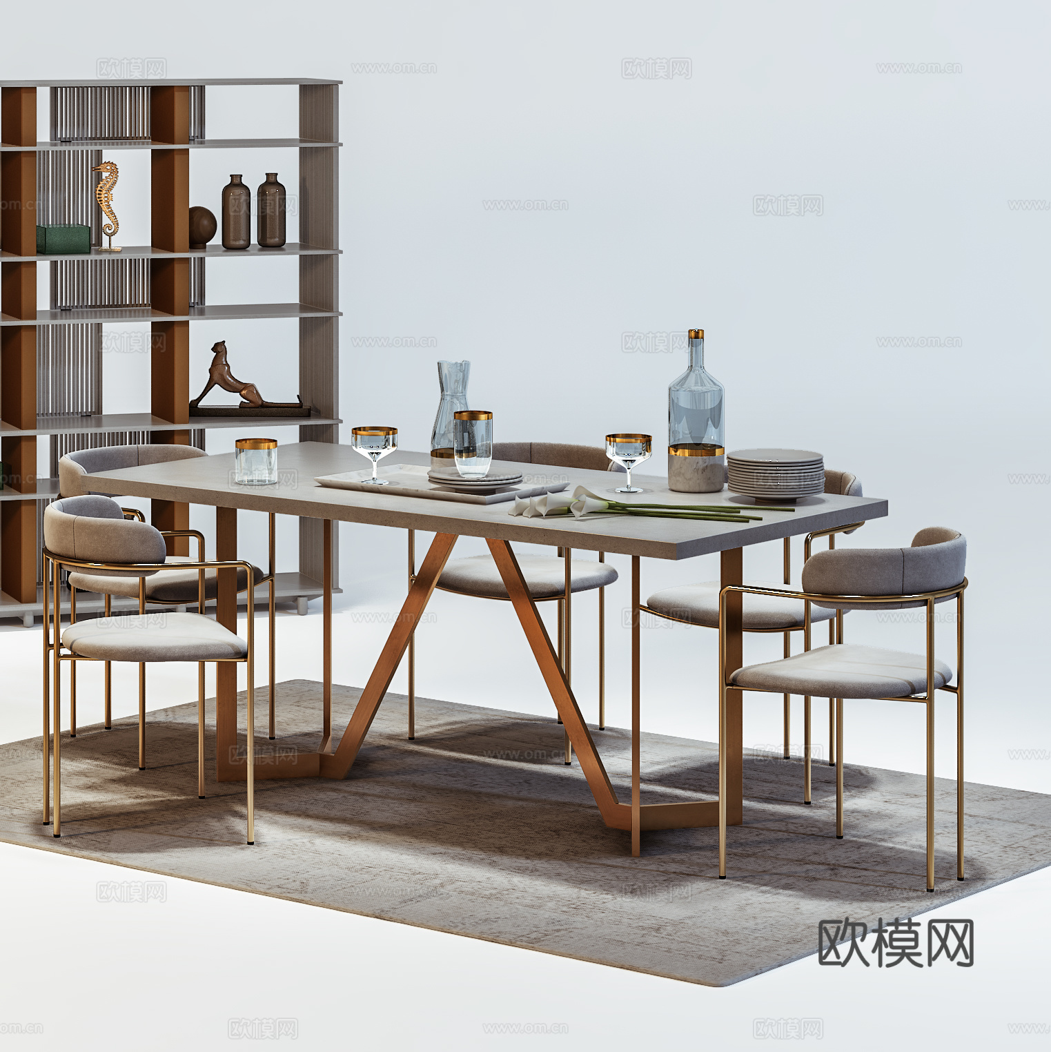 现代餐桌椅组合  洽谈桌椅  餐具  书架3d模型
