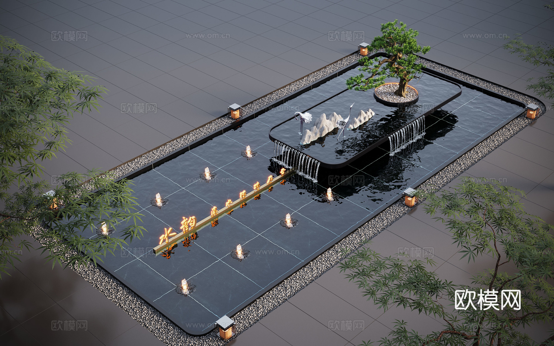 现代水景观 庭院水景 水钵 叠水 跌水3d模型