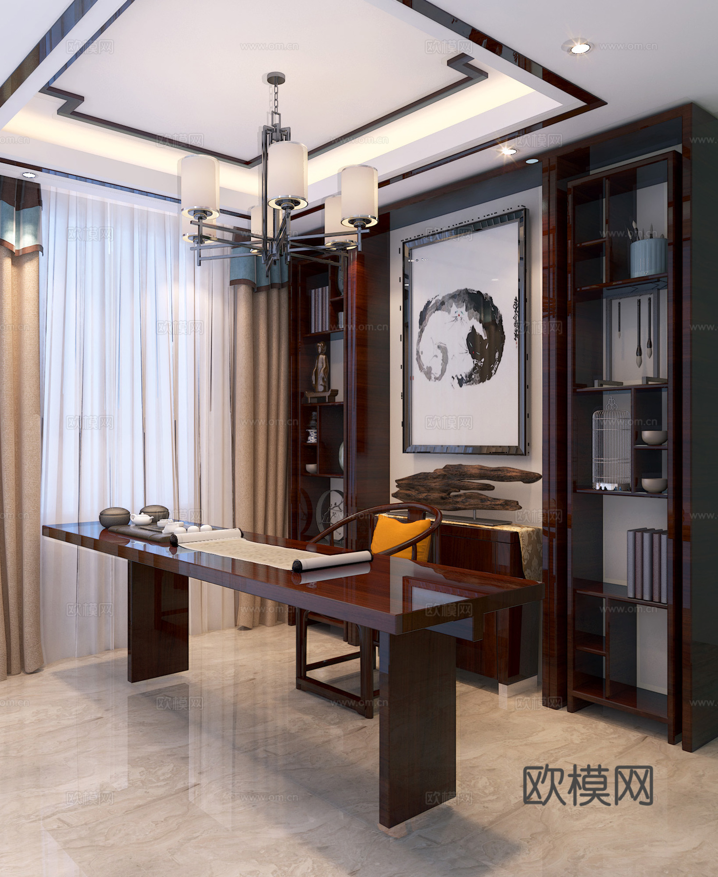 新中式客厅 餐厅 书房3d模型