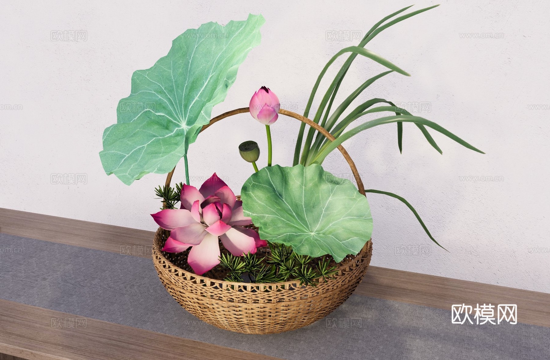 竹编花篮荷花插花 中国传统插花篮花 国风竹编篮花插 古风禅意su模型