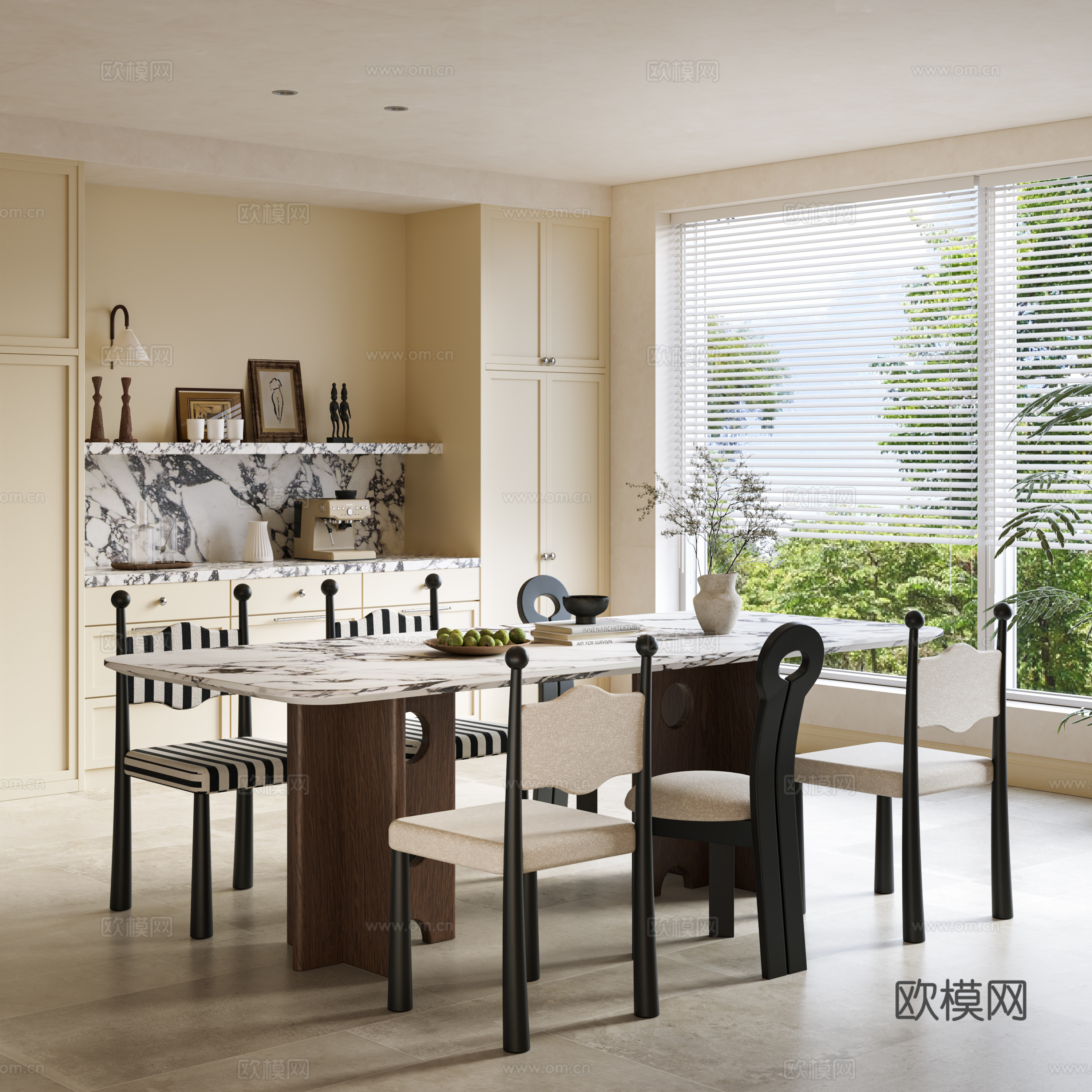 法式中古风餐桌椅组合 实木餐桌 木质餐椅 长餐桌 中古风餐厅su模型
