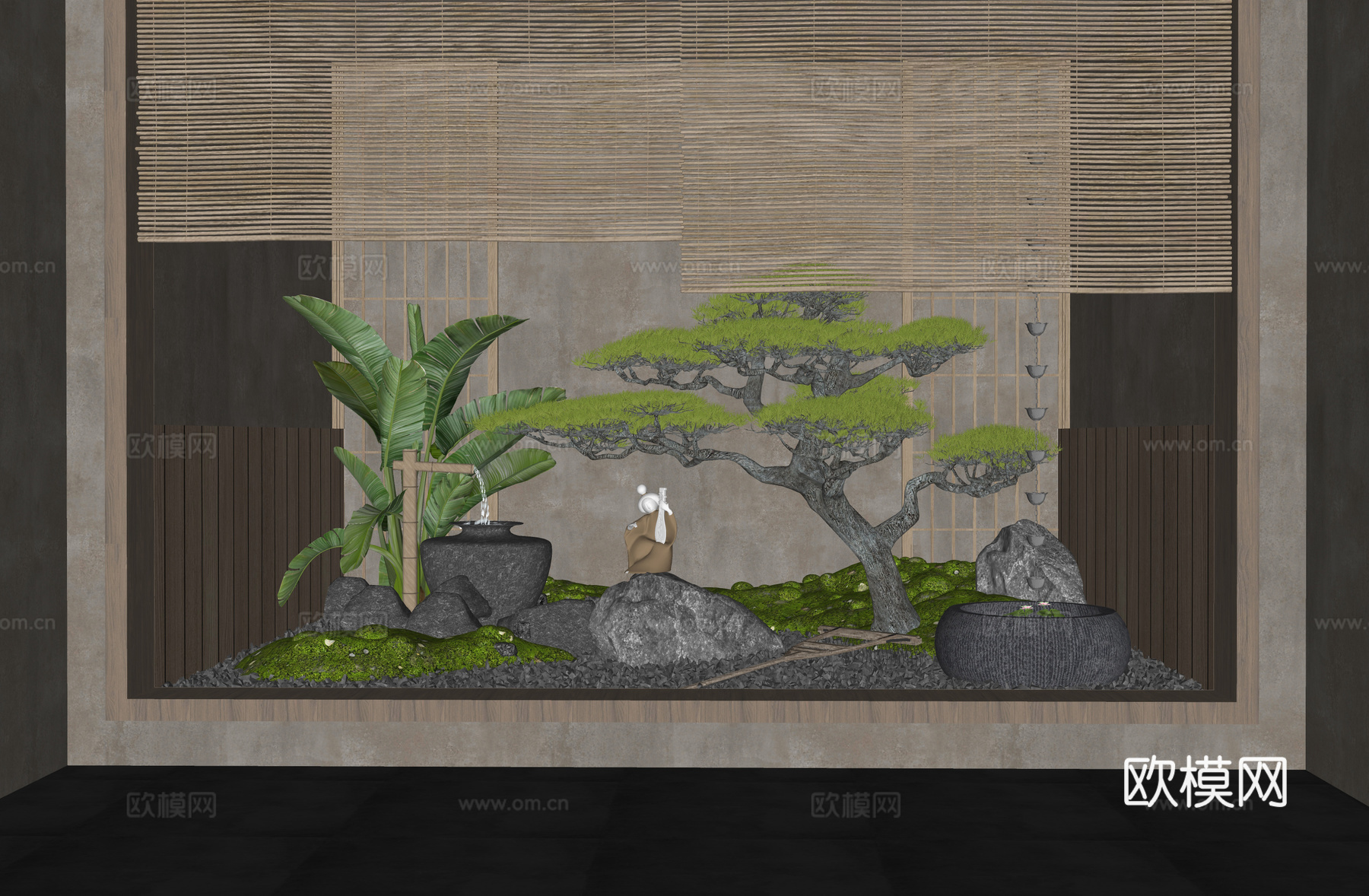 日式室内景观 水钵水景 苔藓景观 松树植物造景 庭院小品su模型