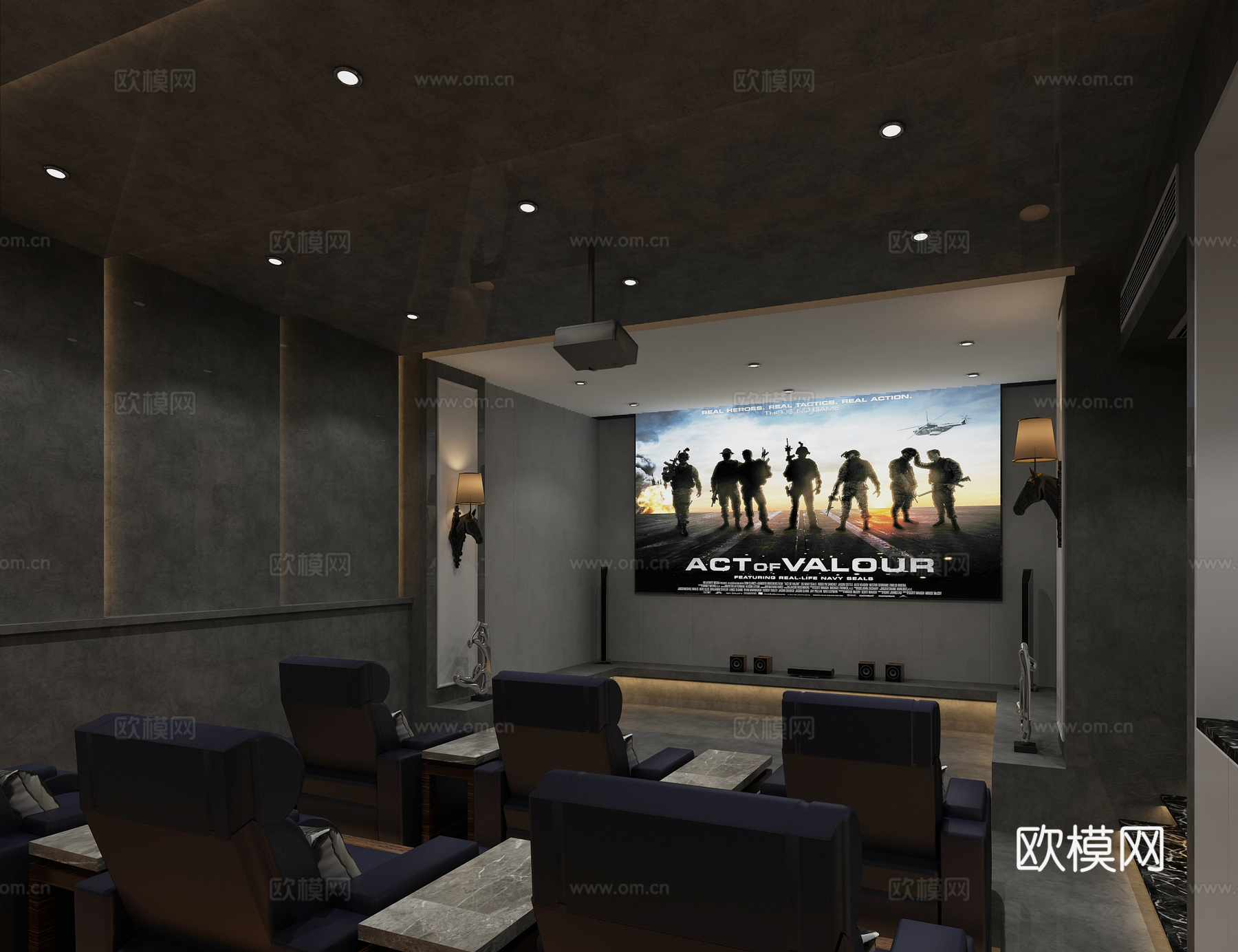 现代别墅影音室 投影 座椅3d模型