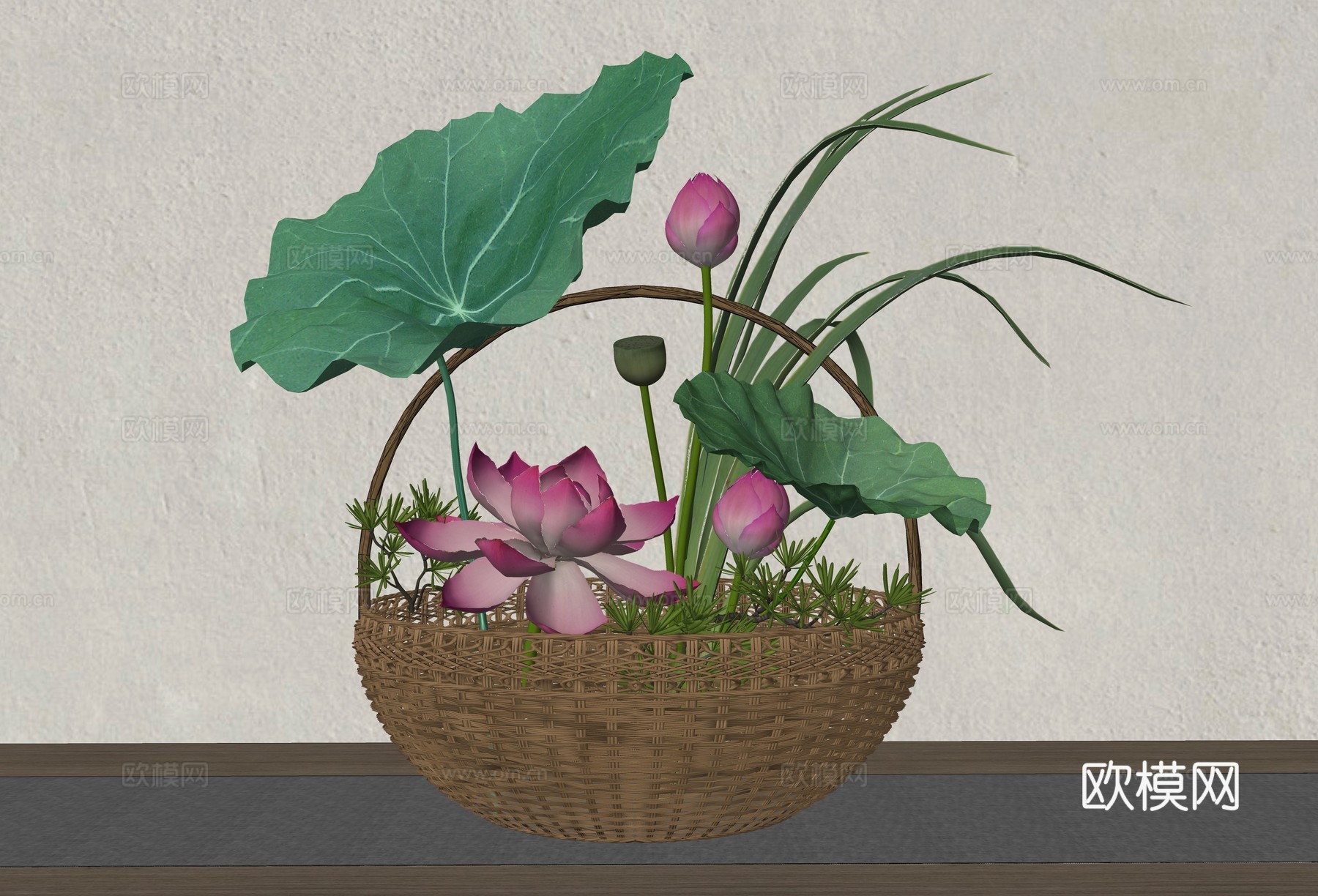竹编花篮荷花插花 中国传统插花篮花 国风竹编篮花插 古风禅意su模型