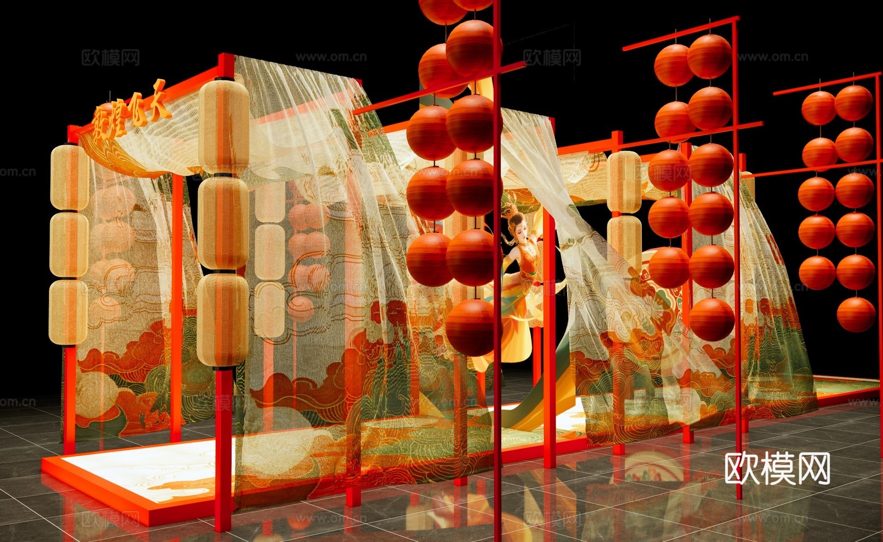 古风灯笼纱帘隔断su模型