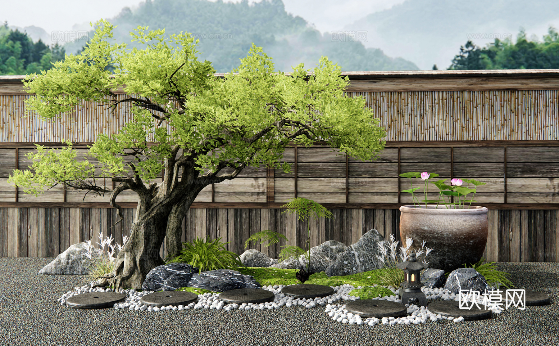 新中式庭院小品 汀步 苔藓景观 景观石 水缸 景观树 寿山石su模型