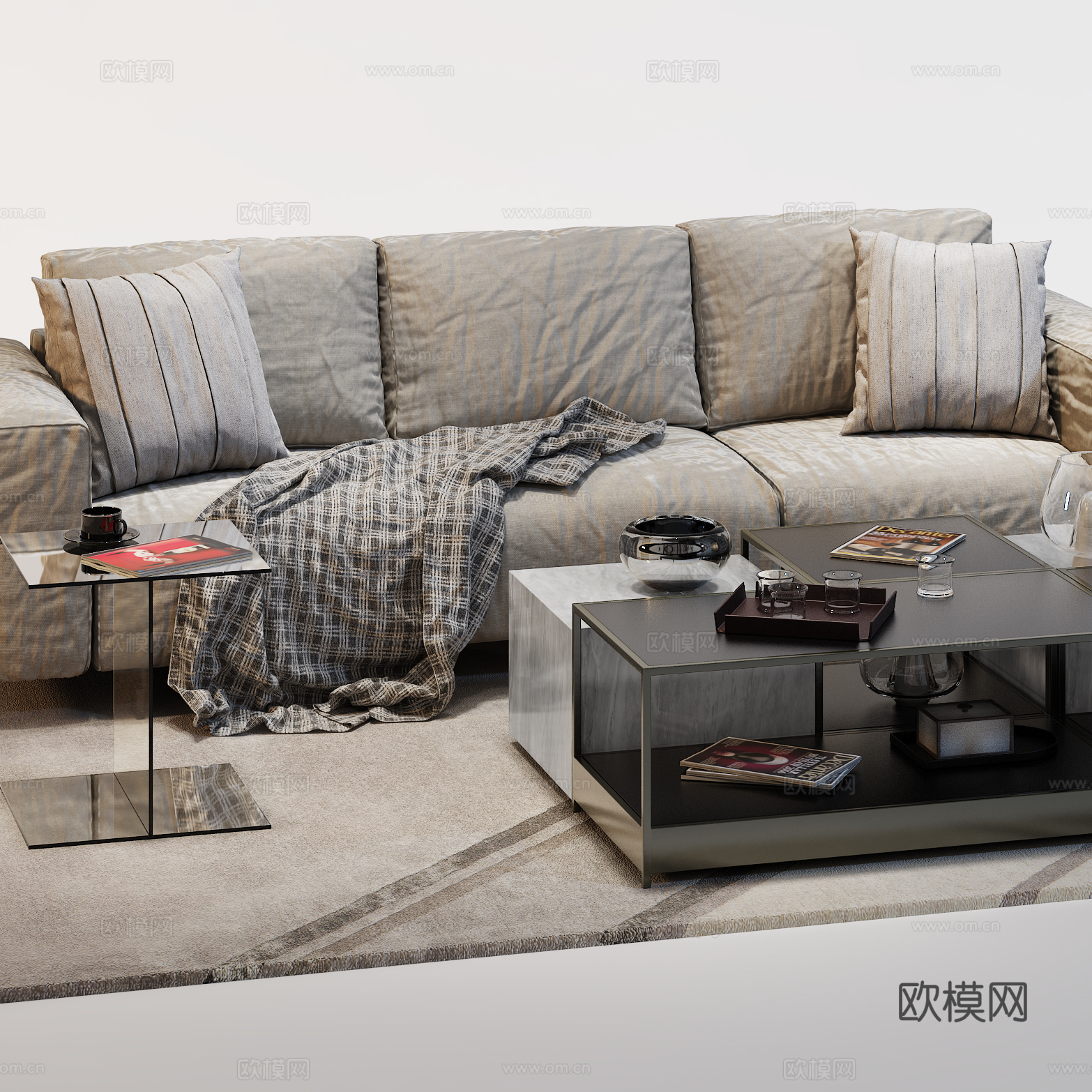 简欧风沙发茶几组合  多人布艺沙发  室内沙发3d模型