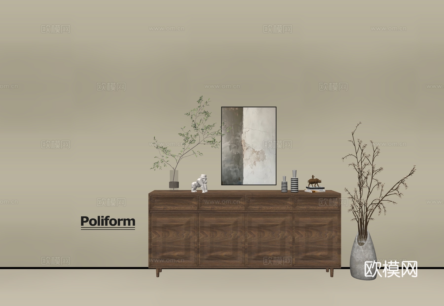 现代木纹柜 ins风极简风柜子  整体柜 餐边柜 阳台柜 储su模型下载（渲染图2）