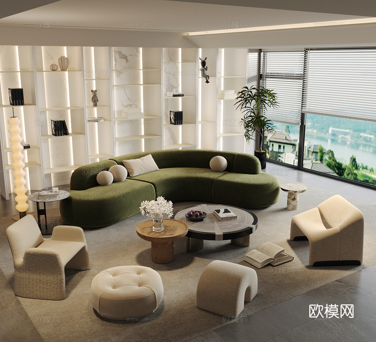 法式轻奢沙发组合 法式奶油风客厅 弧形沙发 沙发茶几组合3d模型