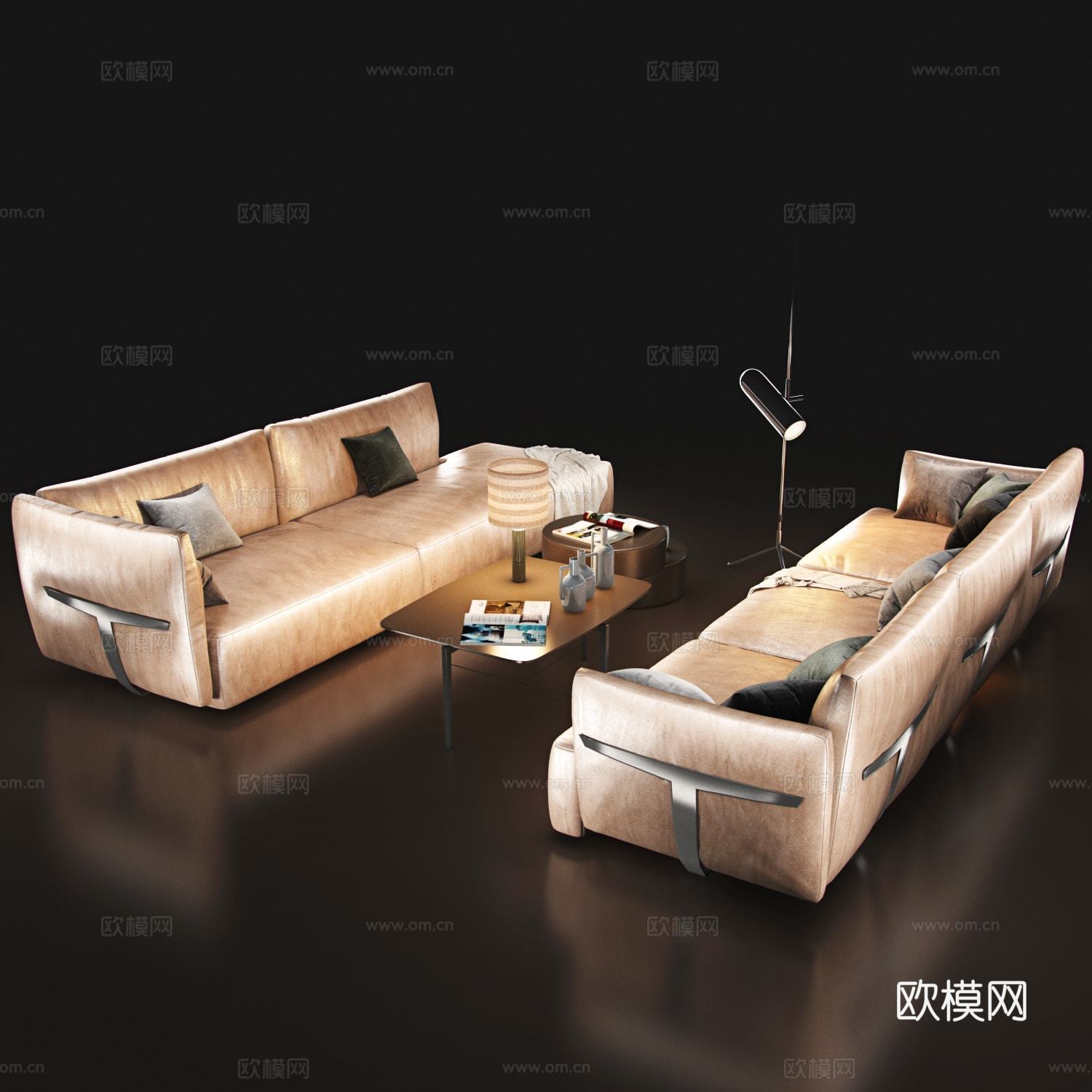 现代沙发组合  皮革沙发 沙发茶几  落地灯3d模型