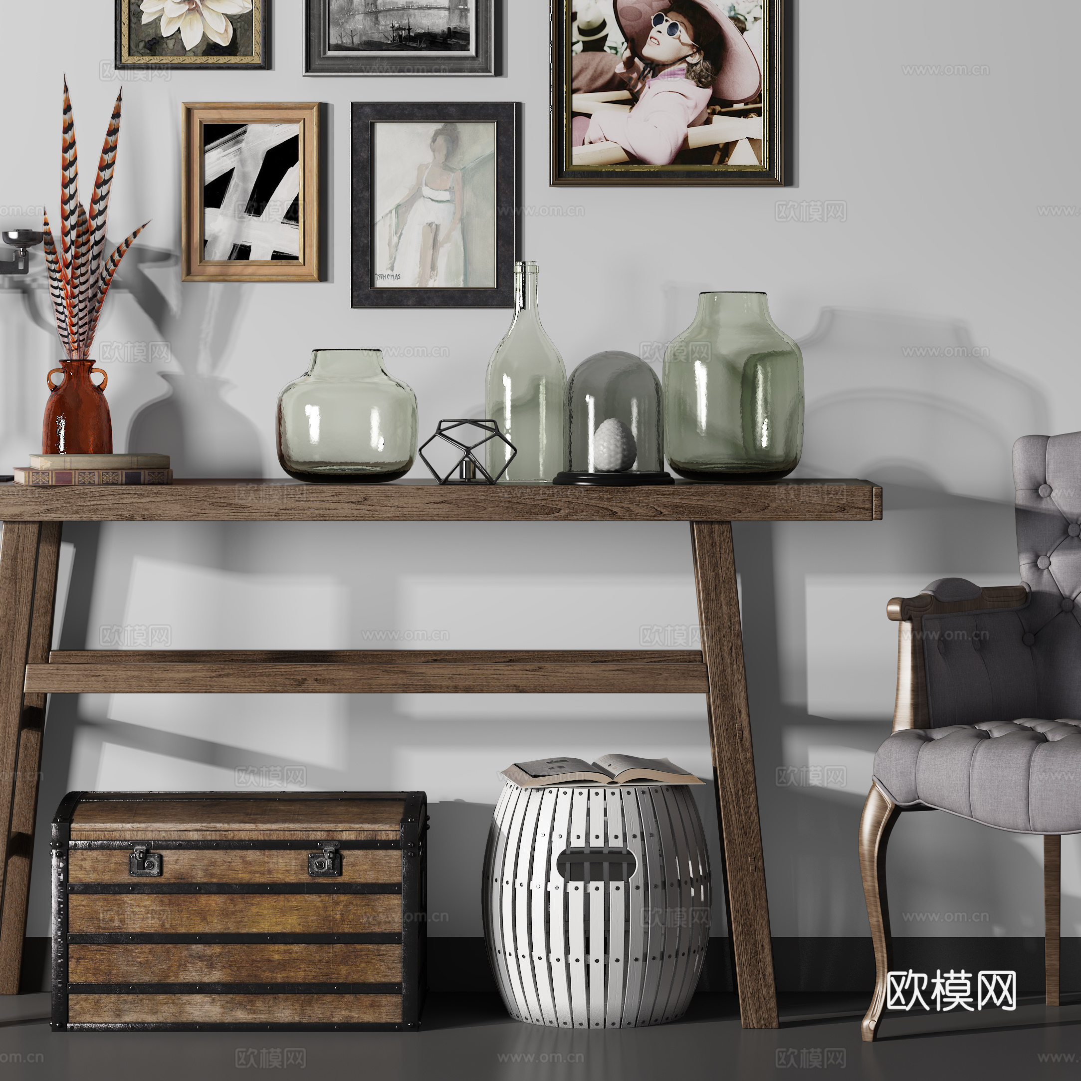 工业风端景台 休闲椅 饰品摆件  挂画组合3d模型