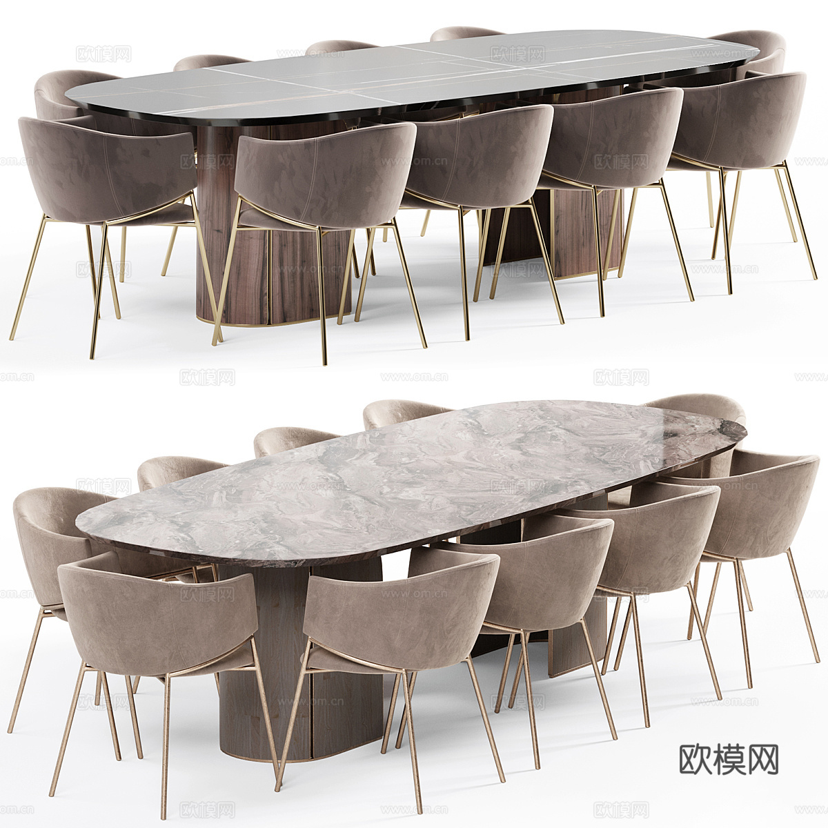 现代意式轻奢椭圆餐桌椅组合3d模型