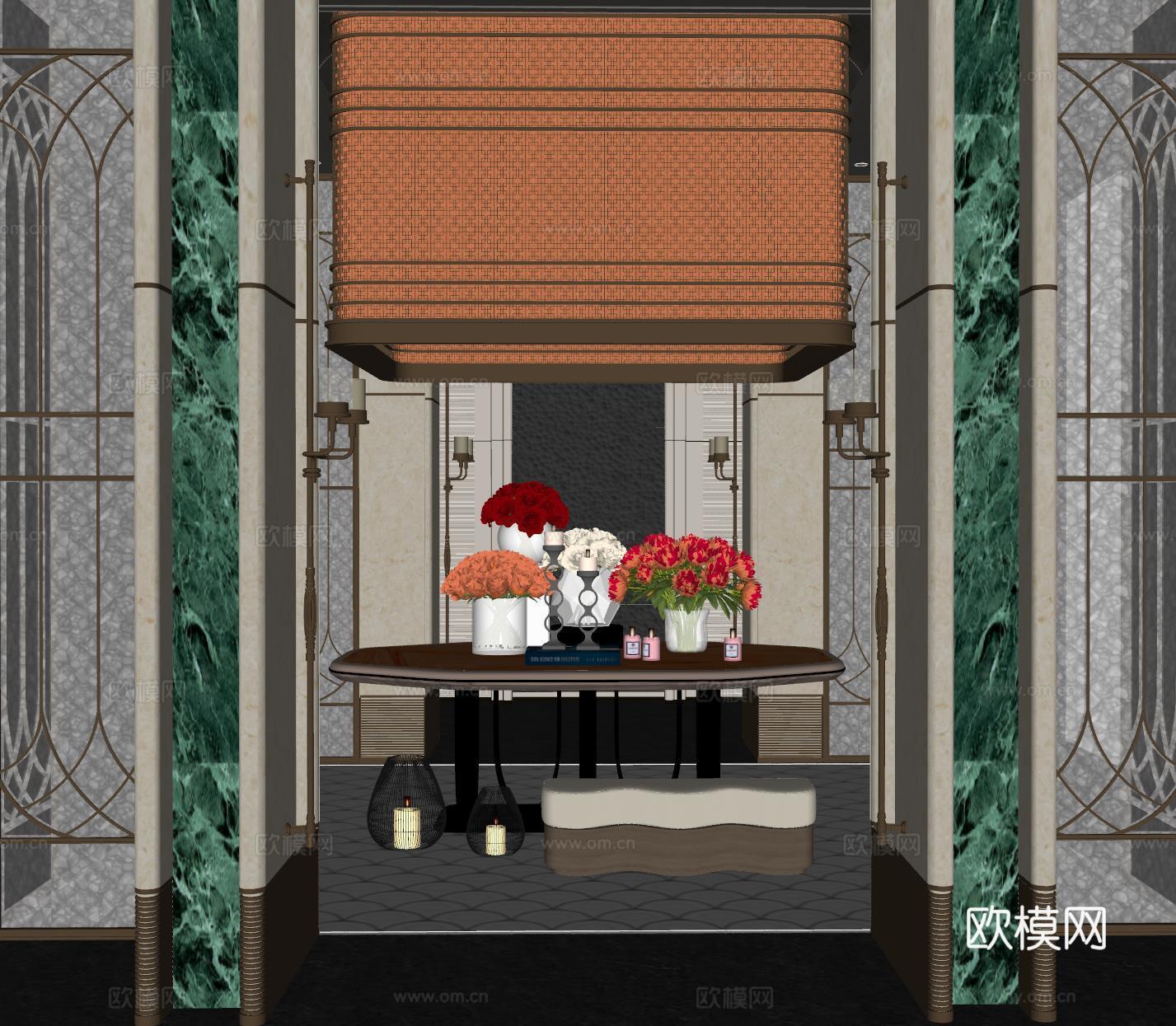 现代大厅 酒店大厅 会所大厅 花艺摆台组合 屏风隔su模型