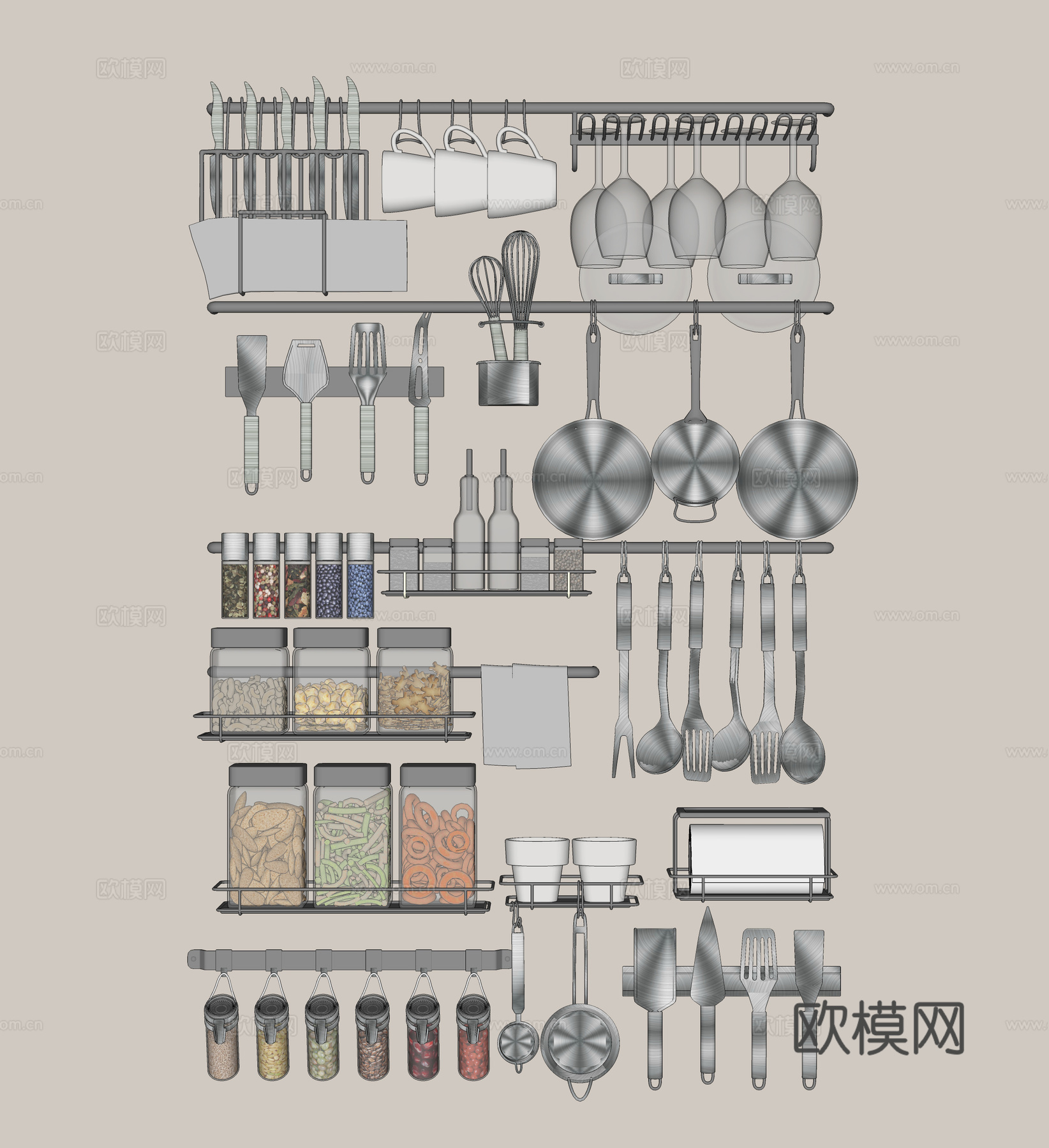 厨具组合 厨房用品 厨房调料罐 杯子 食物su模型