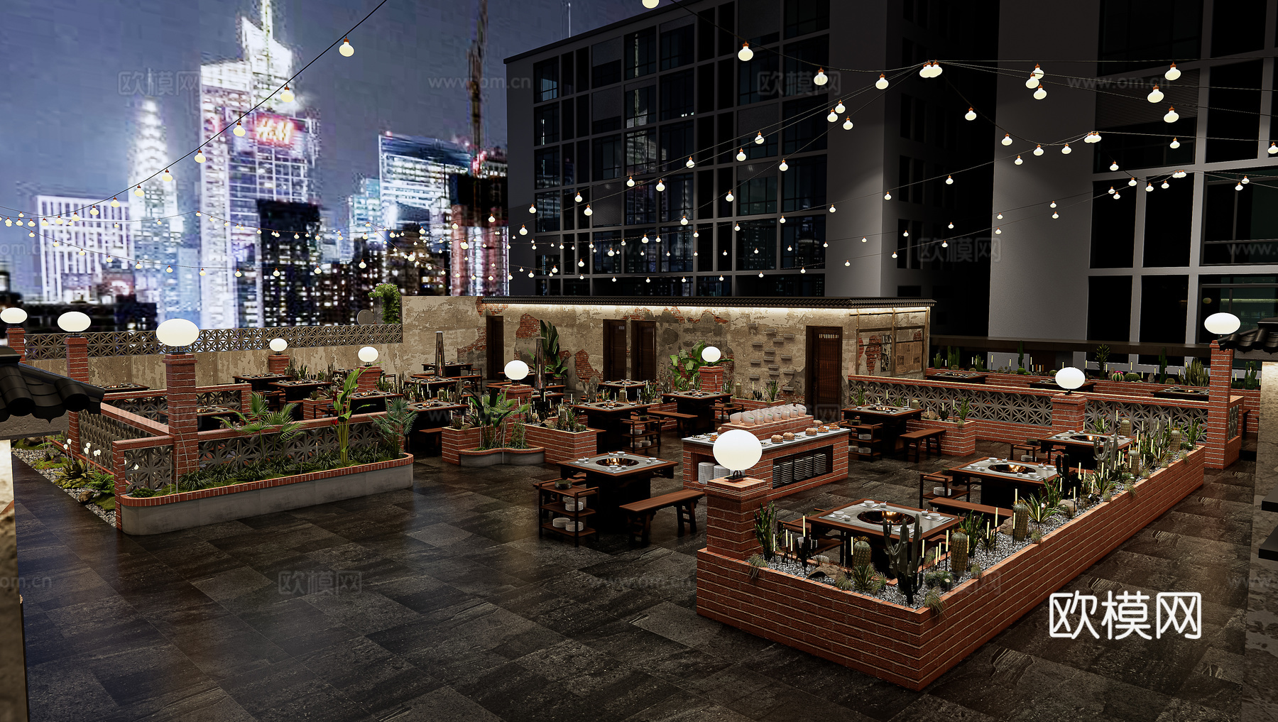 现代露天火锅店外摆 屋顶花园 屋顶餐厅su模型