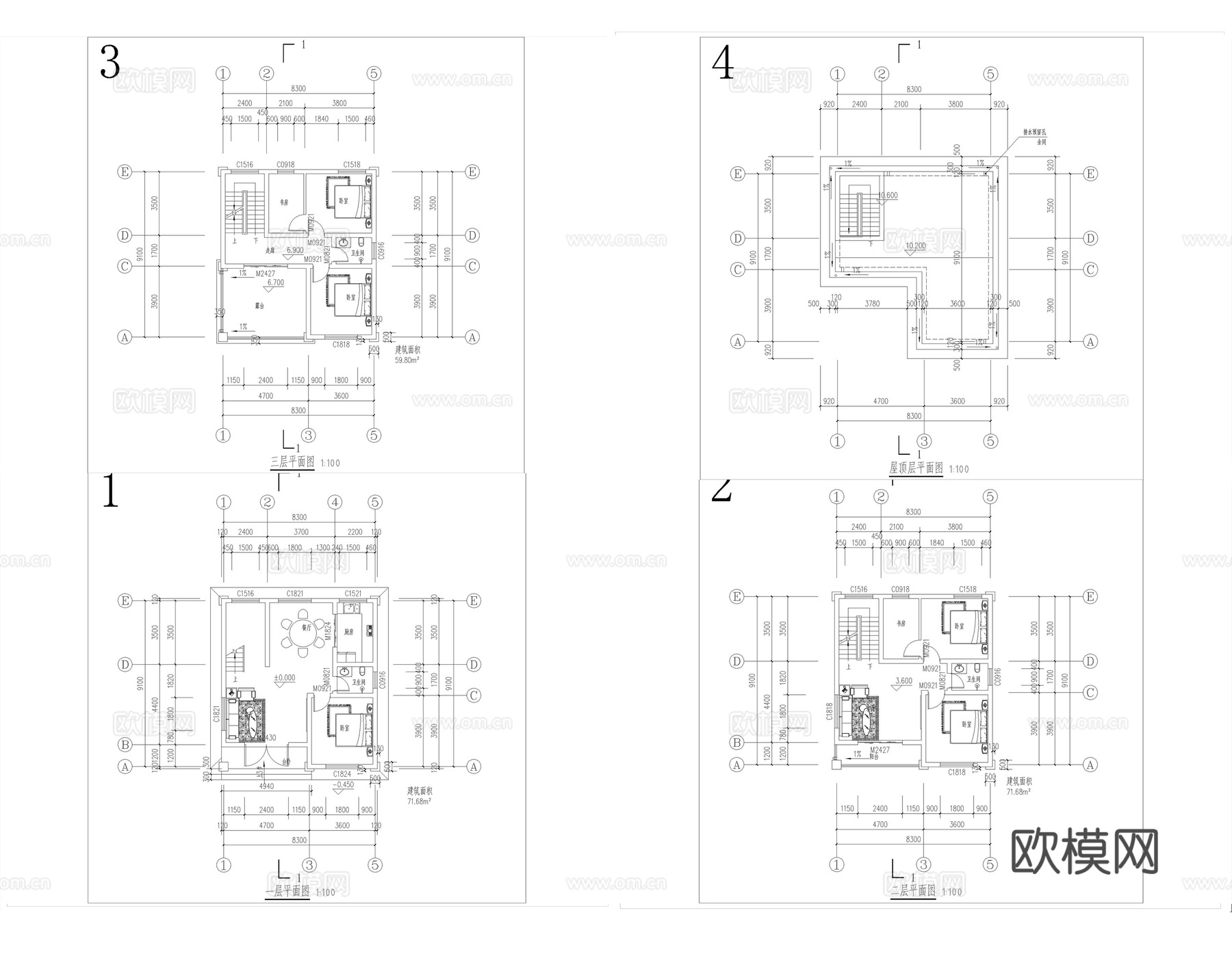 现代别墅建筑 现代自建房建筑 现代农村住宅cad施工图