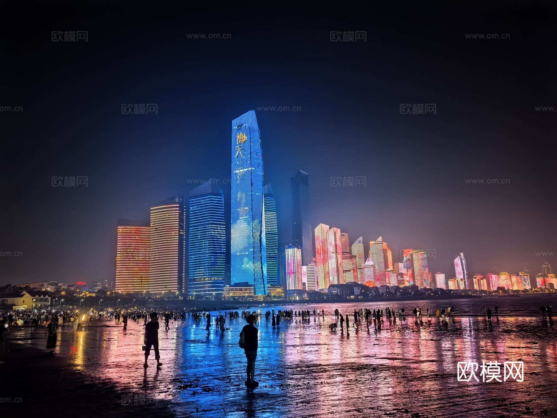 夜晚城市 灯光秀 灯光亮化 滨海城市夜景 海滩夜景