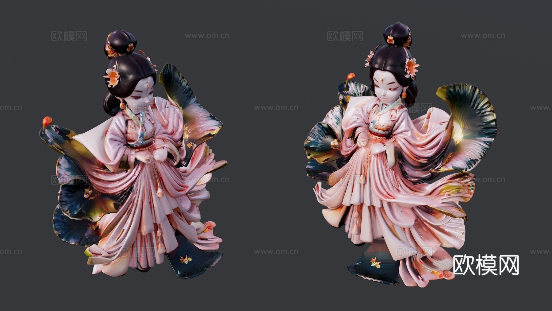 粉色古装的仙女雕塑su模型