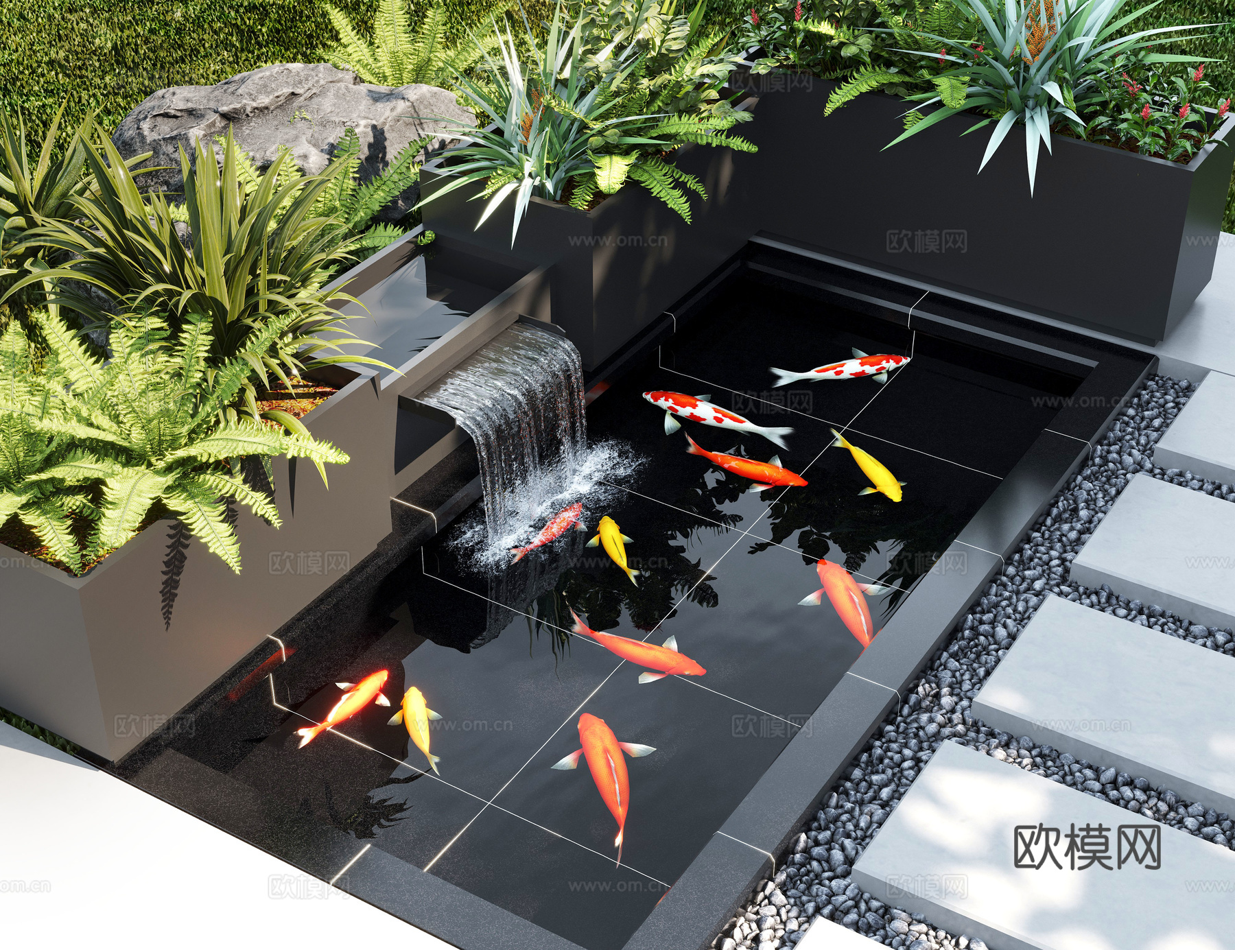 现代庭院景观 庭院水景 鱼池 景观植物3d模型