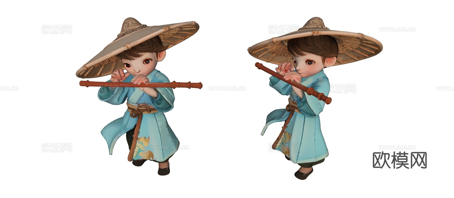 戴草帽吹笛子的古装小男孩su模型
