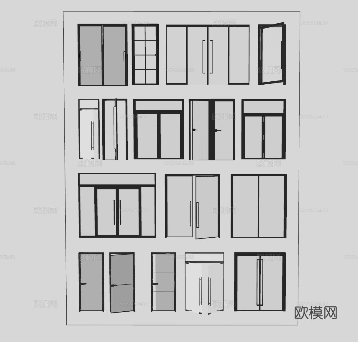 现代玻璃大门 落地玻璃门 玻璃门窗 双开入户门 推拉门 门联su模型