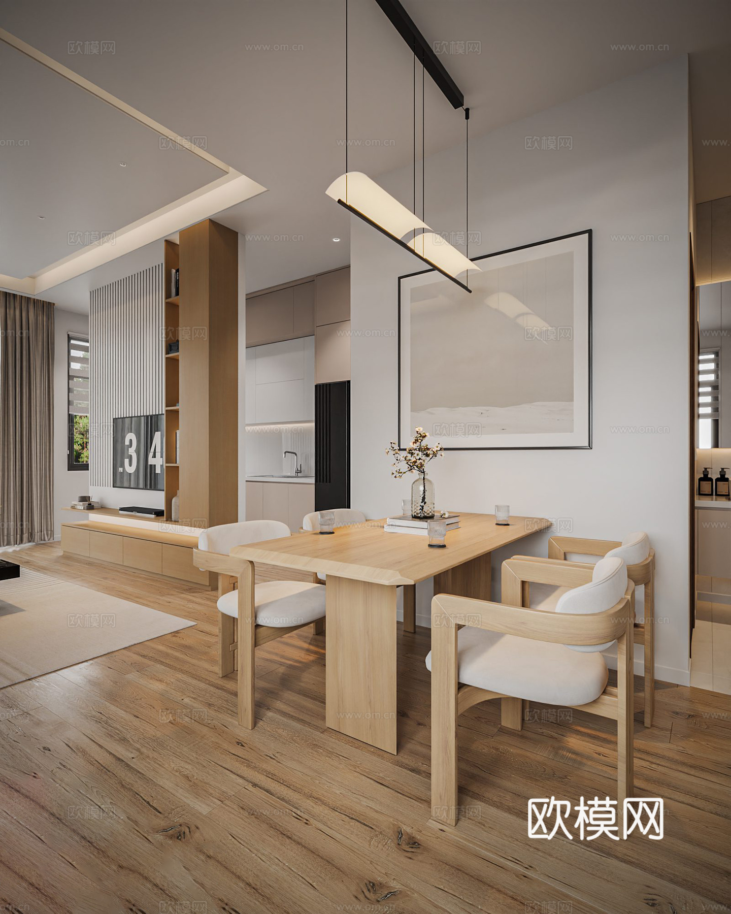 现代家居 客厅 餐厅 卧室 L型沙发 落地窗 矩形餐桌 餐厨3d模型