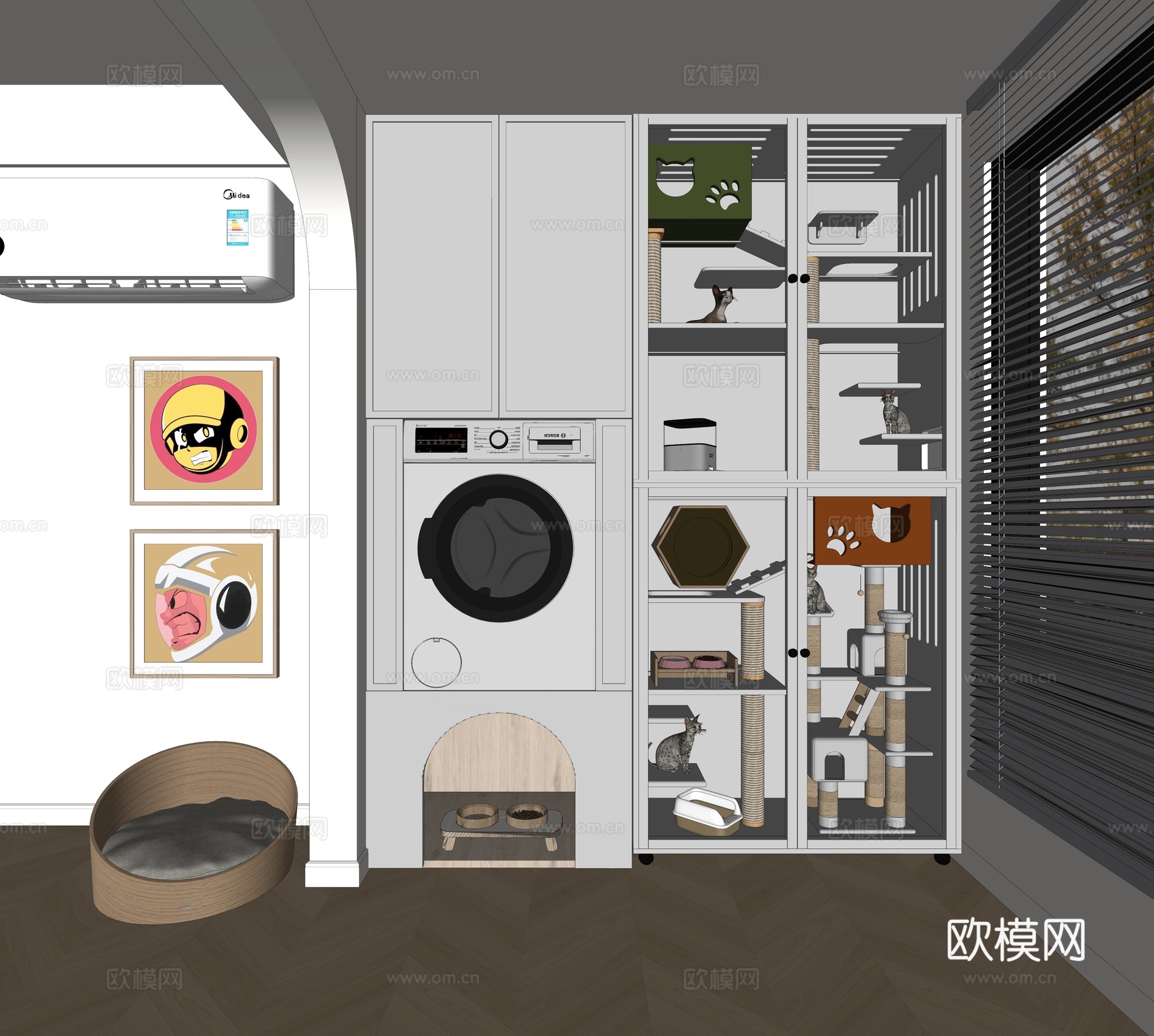 现代猫窝 猫爬架 洗衣机柜su模型