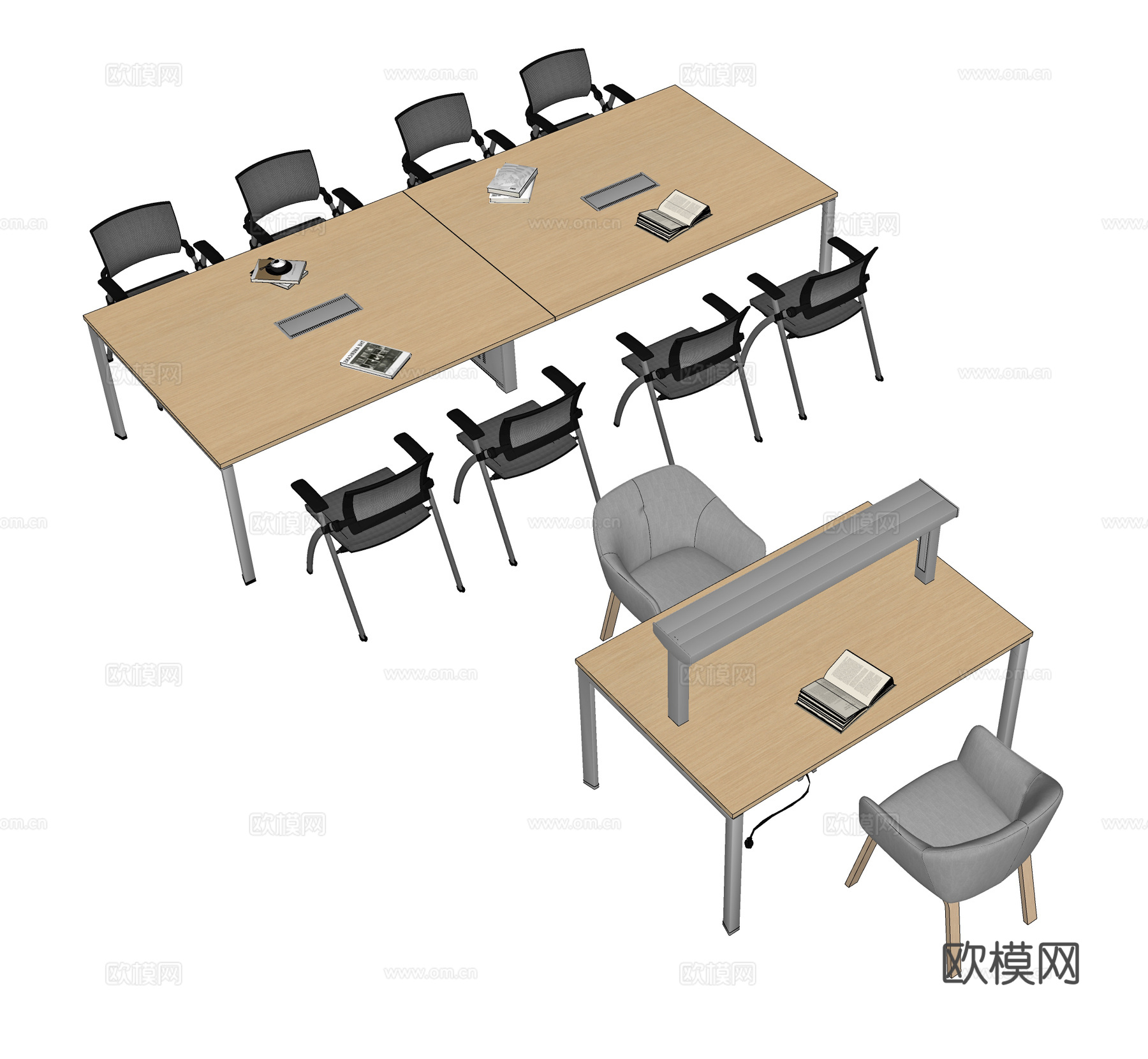 现代办公桌椅 办公桌 阅览桌 会议桌 洽谈桌 书桌 带灯阅览su模型