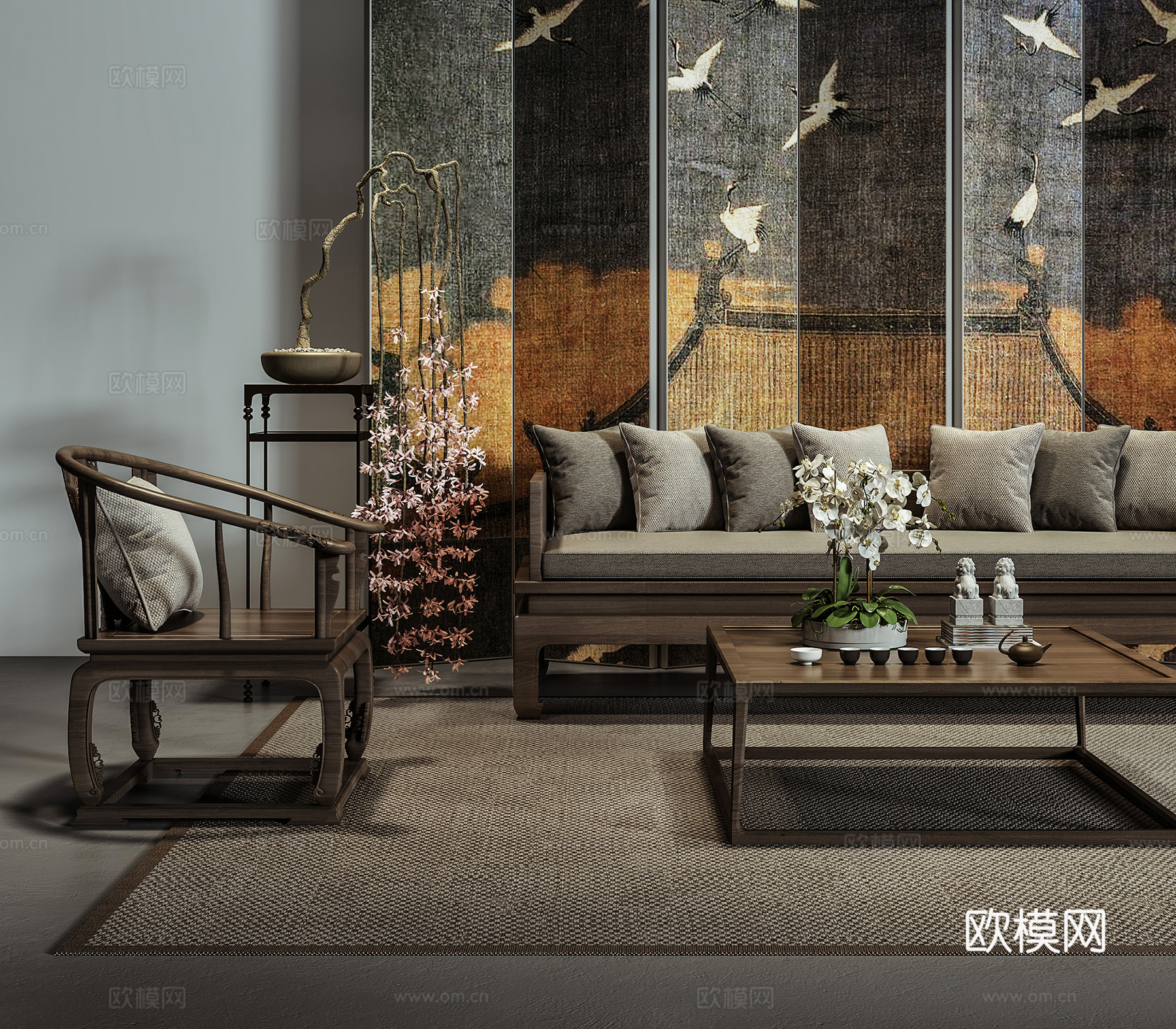 新中式沙发茶几组合  中式摆件 屏风组合3d模型