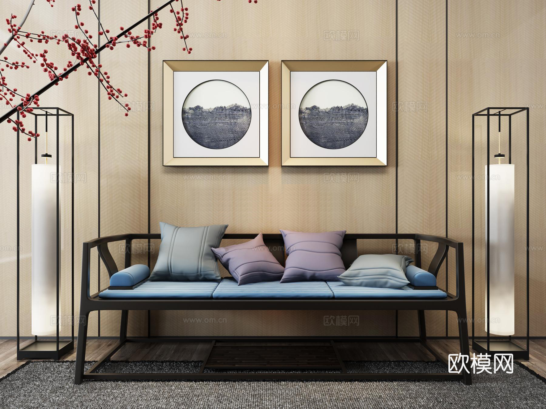 中式沙发挂画落地灯组合3d模型