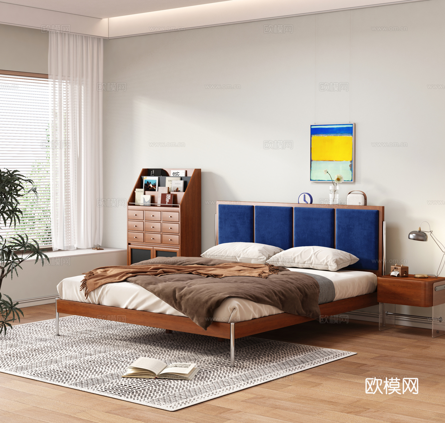 中古复古双人床 实木床 主卧床 成品双人床 实木床头柜3d模型
