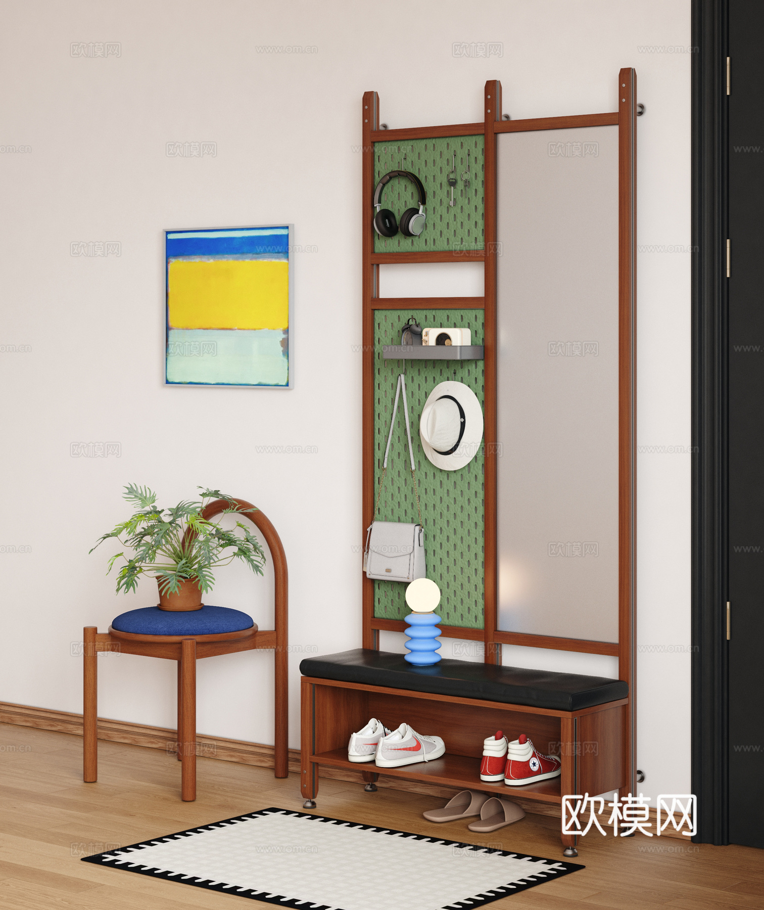 中古风换鞋凳 洞洞板 全身镜换鞋凳3d模型