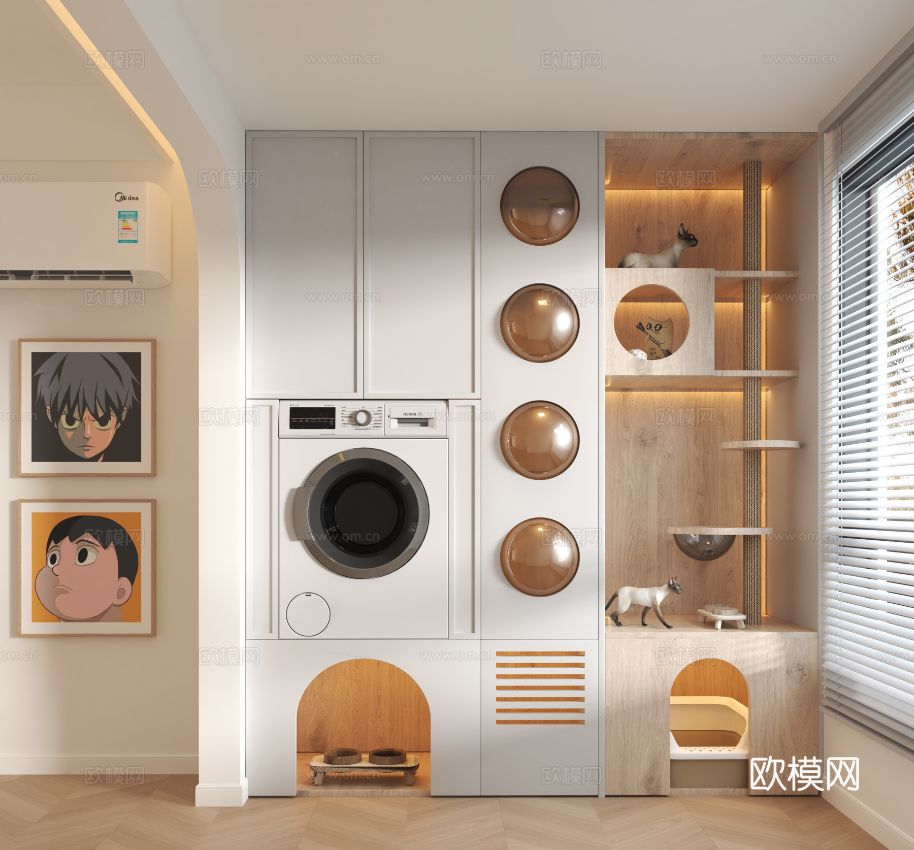 现代猫窝 猫爬架 洗衣机柜su模型