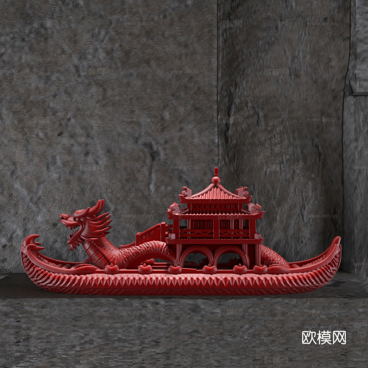 现代新中式楼船龙舟雕塑摆件3d模型