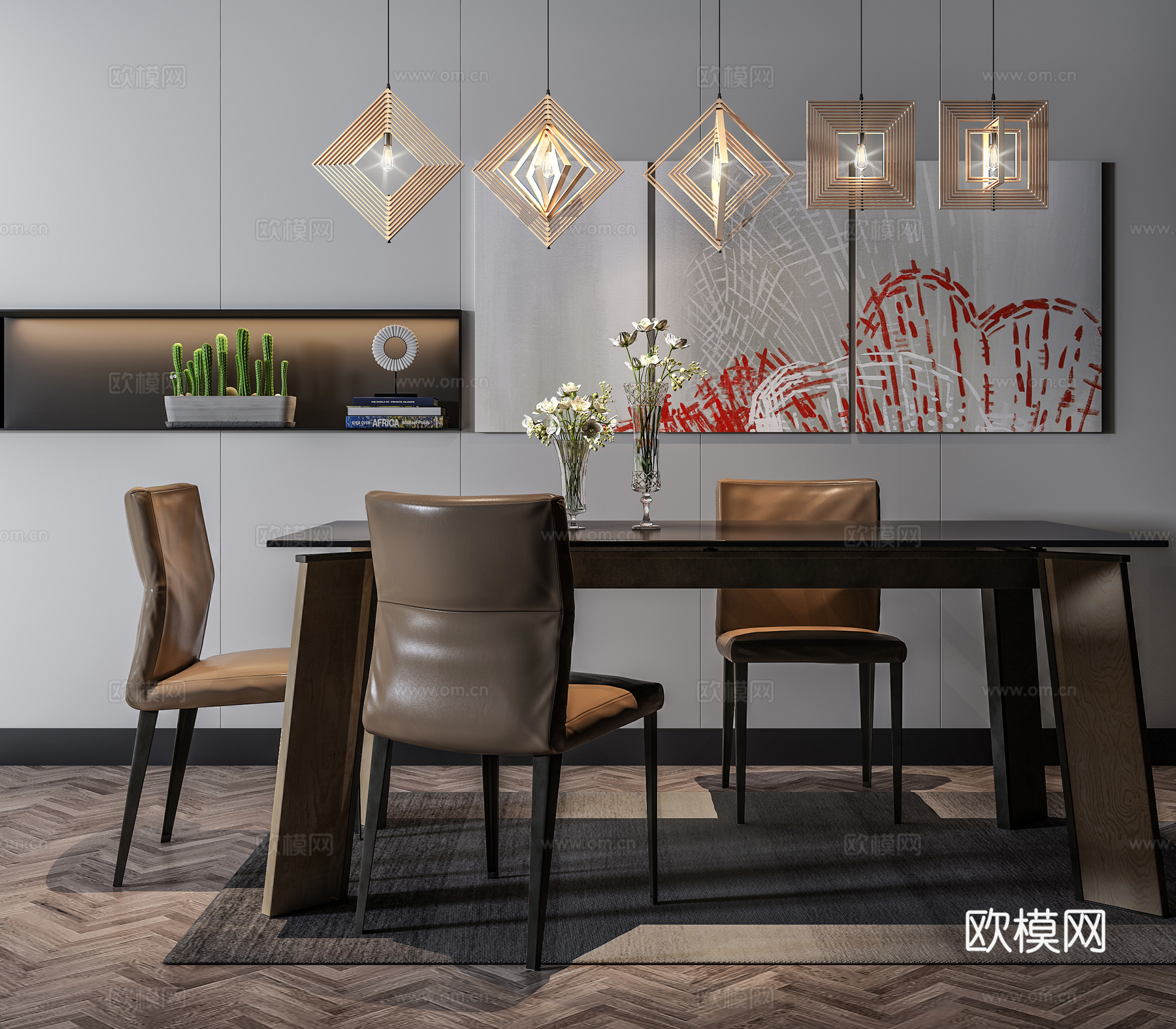 现代餐桌椅组合  洽谈桌椅  吊灯挂画饰品组合3d模型