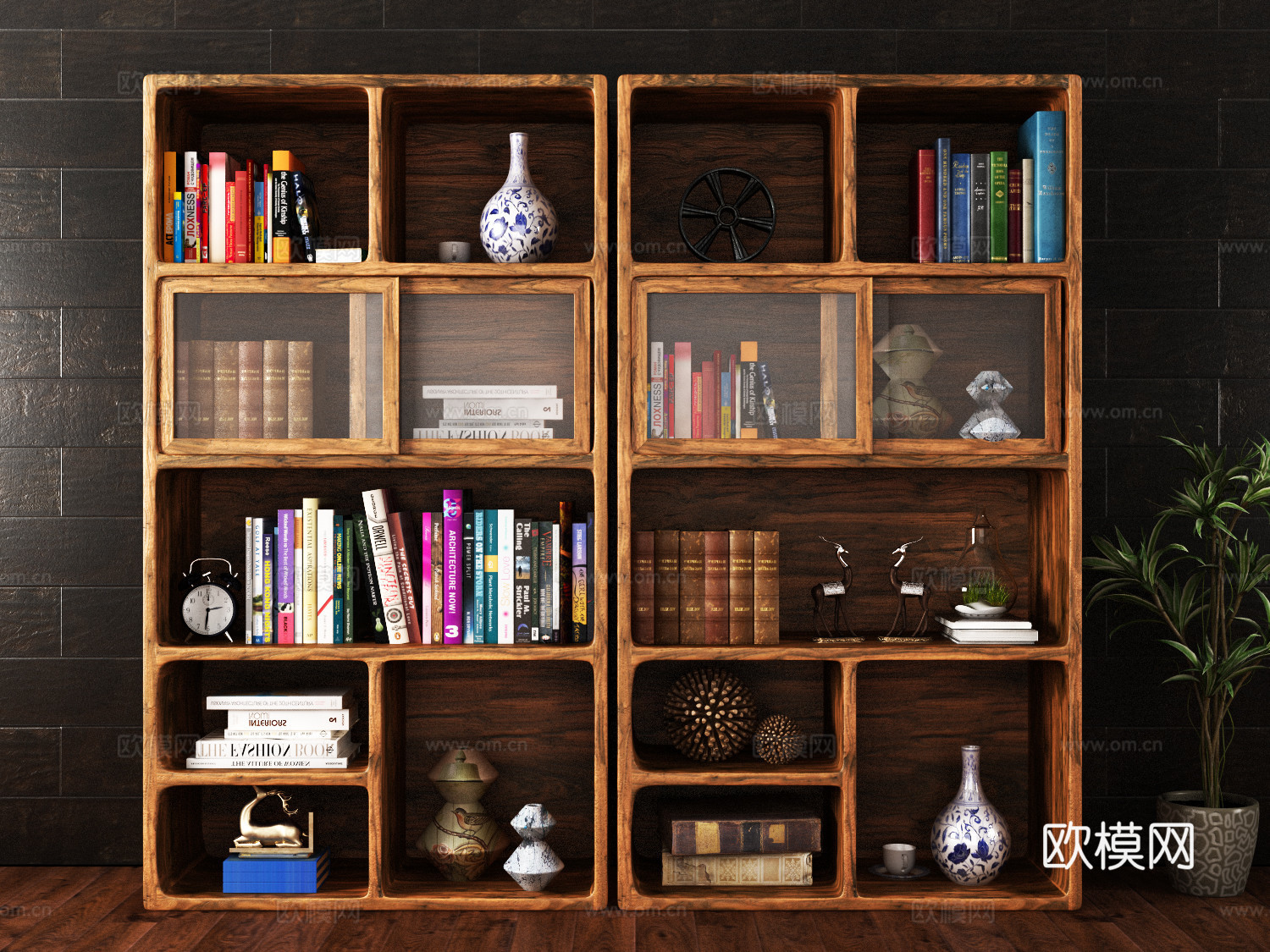 新中式实木书柜3d模型下载（渲染图1）