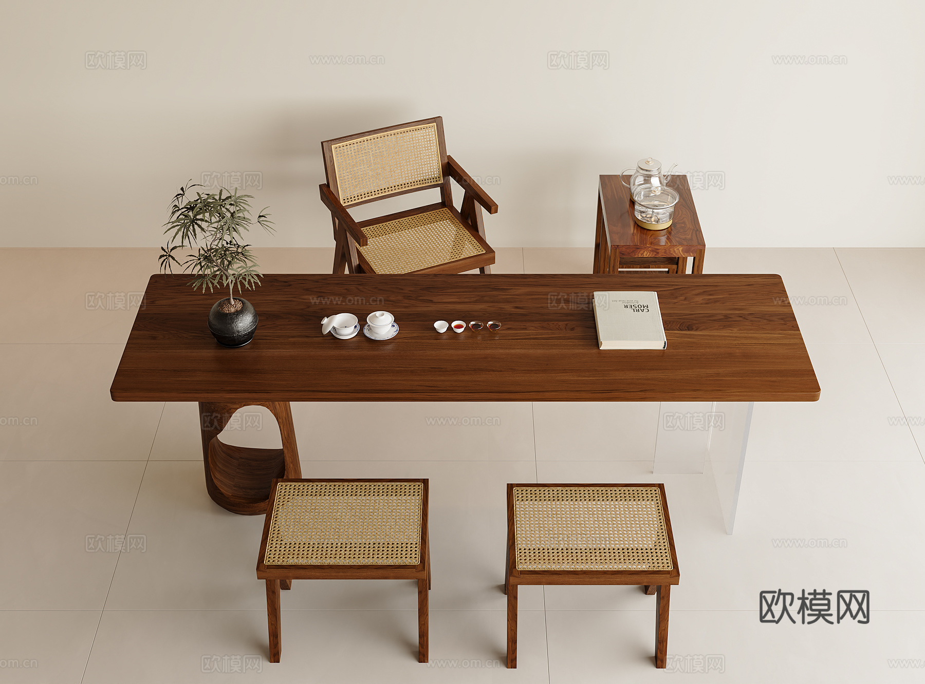 中古茶桌椅 茶台 茶桌 藤编椅 茶具 大板桌 绿植摆件 小推3d模型