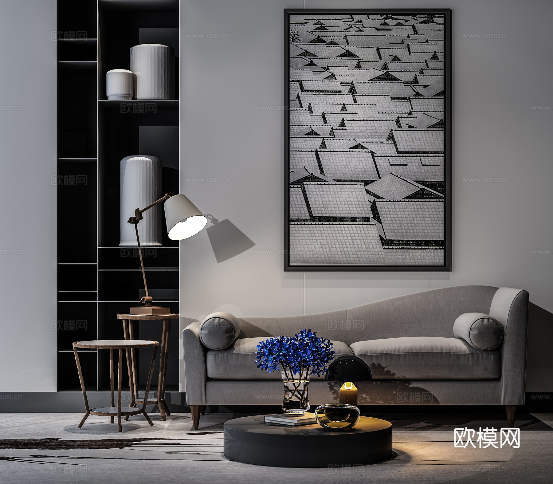 现代贵妃椅茶几组合 挂画饰品组合  台灯3d模型