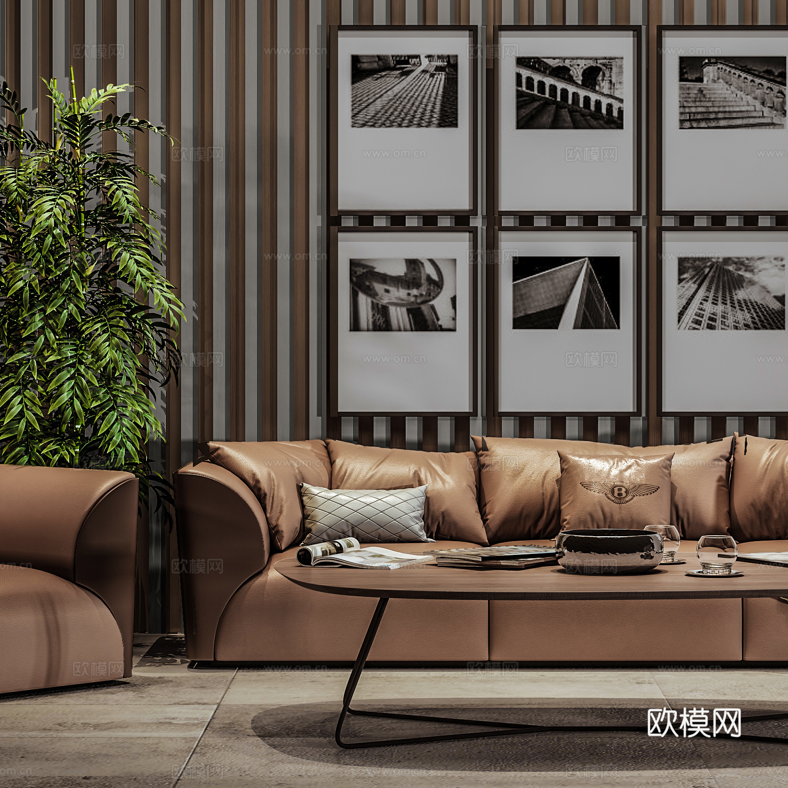 现代沙发茶几组合  皮革多人沙发 挂画组合3d模型