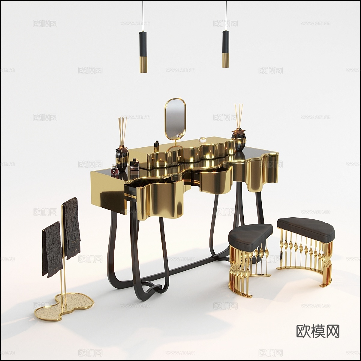 现代梳妆台凳子组合  桌面摆件饰品 吊灯3d模型