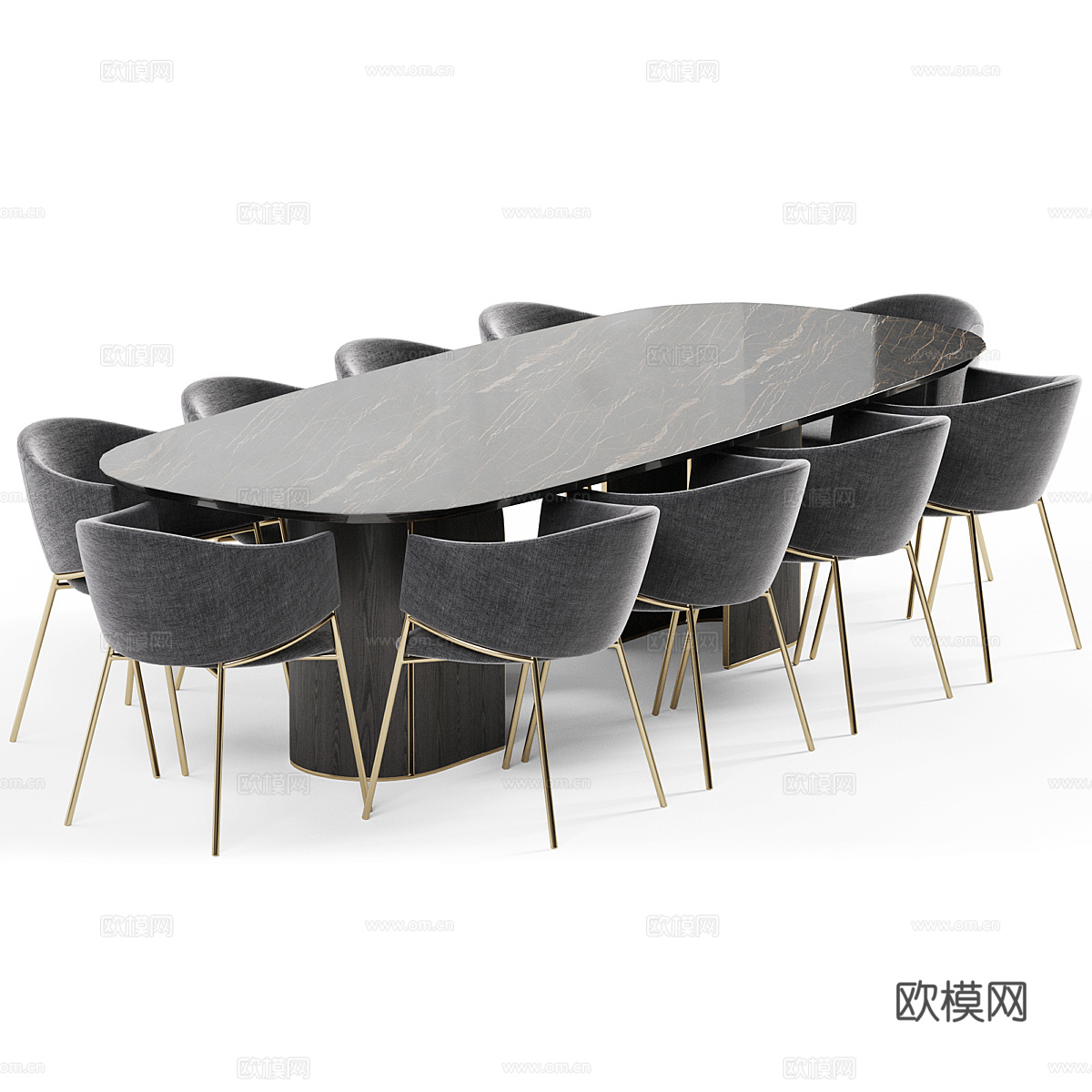 现代意式轻奢椭圆餐桌椅组合3d模型