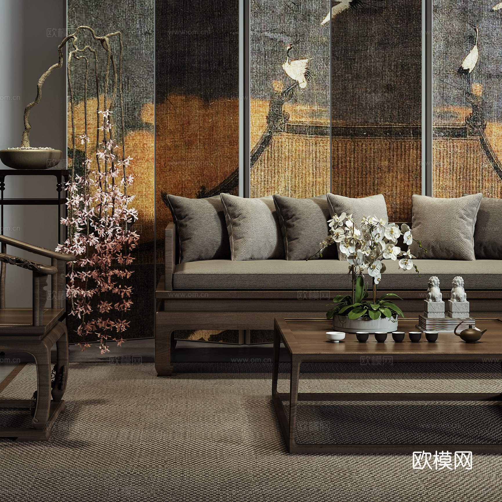 新中式沙发茶几组合  中式摆件 屏风组合3d模型