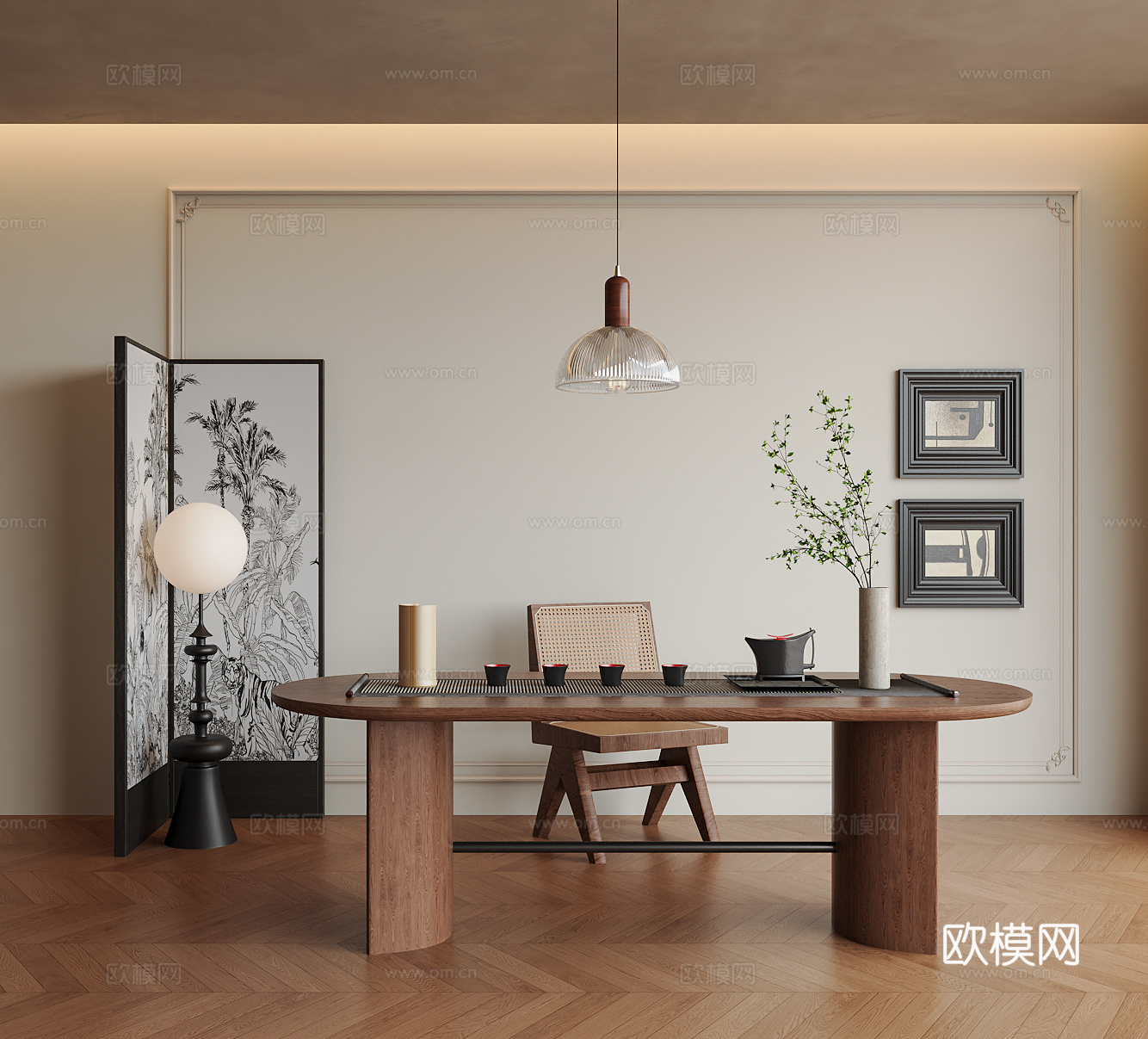 法式中古茶桌椅 大板桌 茶具 藤编椅 法式中古落地灯 法式屏3d模型