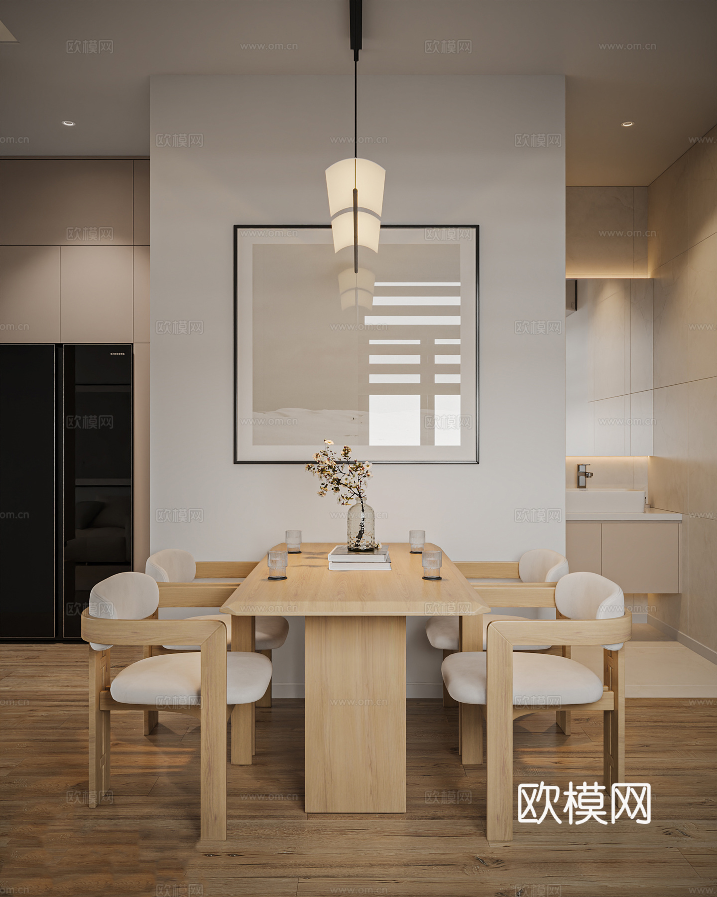 现代家居 客厅 餐厅 卧室 L型沙发 落地窗 矩形餐桌 餐厨3d模型