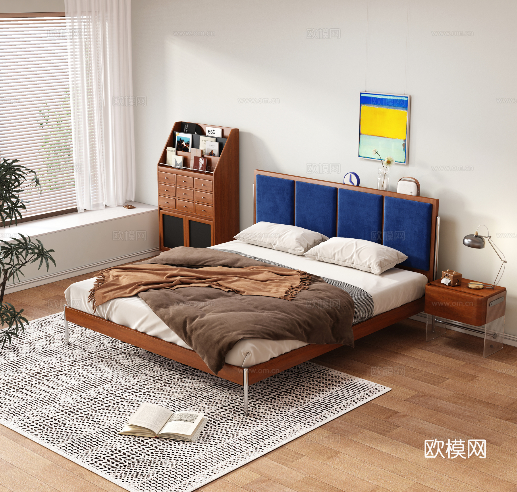中古复古双人床 实木床 主卧床 成品双人床 实木床头柜3d模型
