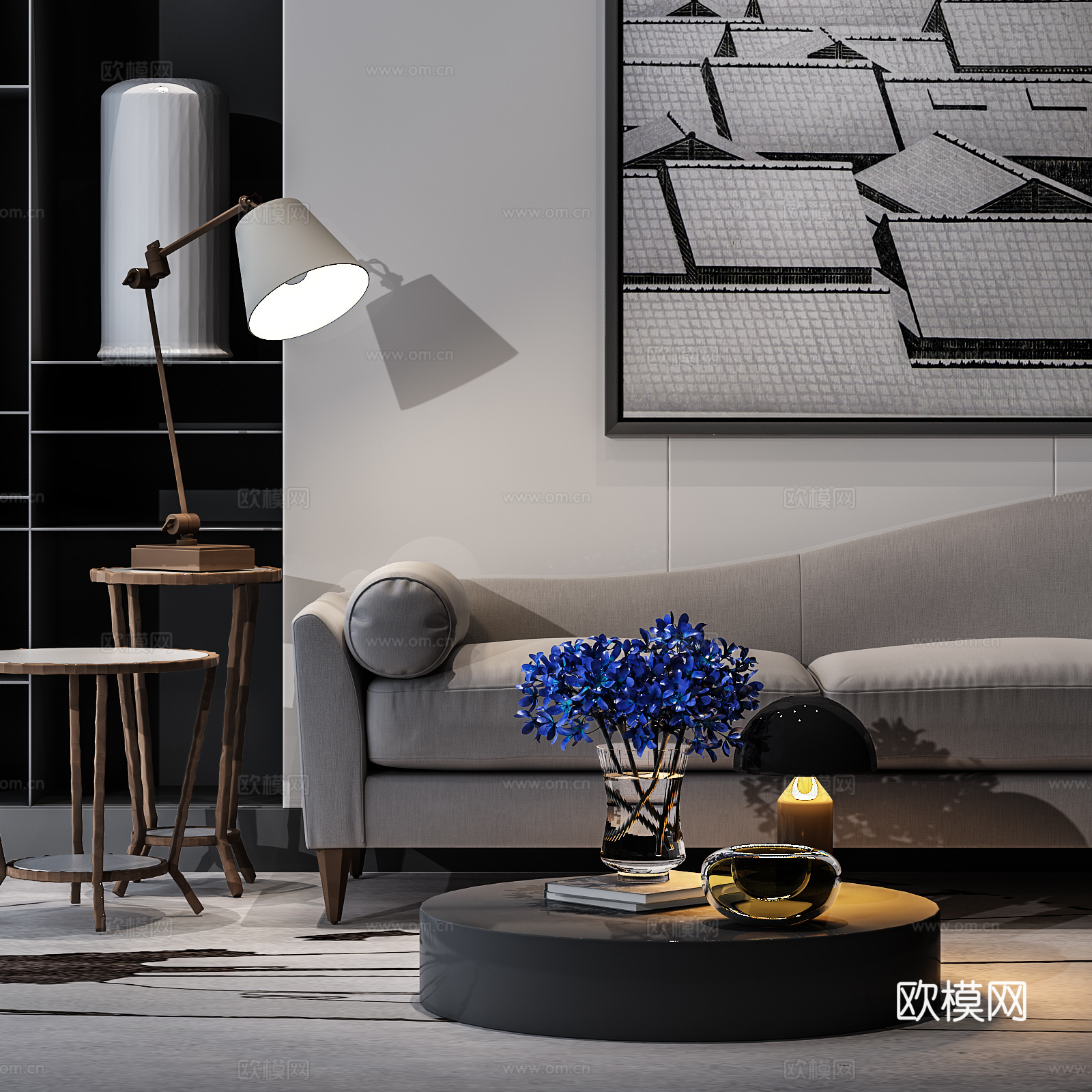 现代贵妃椅茶几组合 挂画饰品组合  台灯3d模型