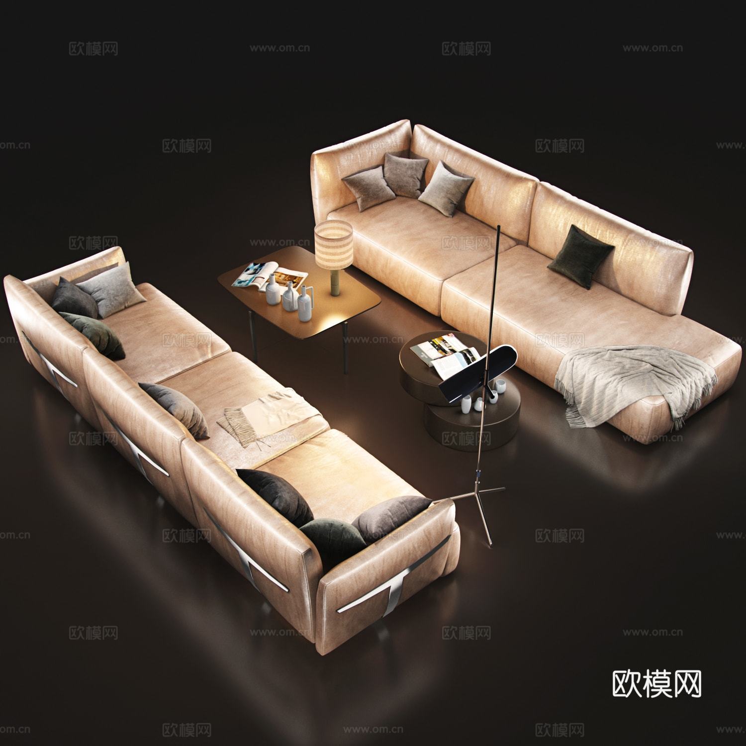 现代沙发组合  皮革沙发 沙发茶几  落地灯3d模型