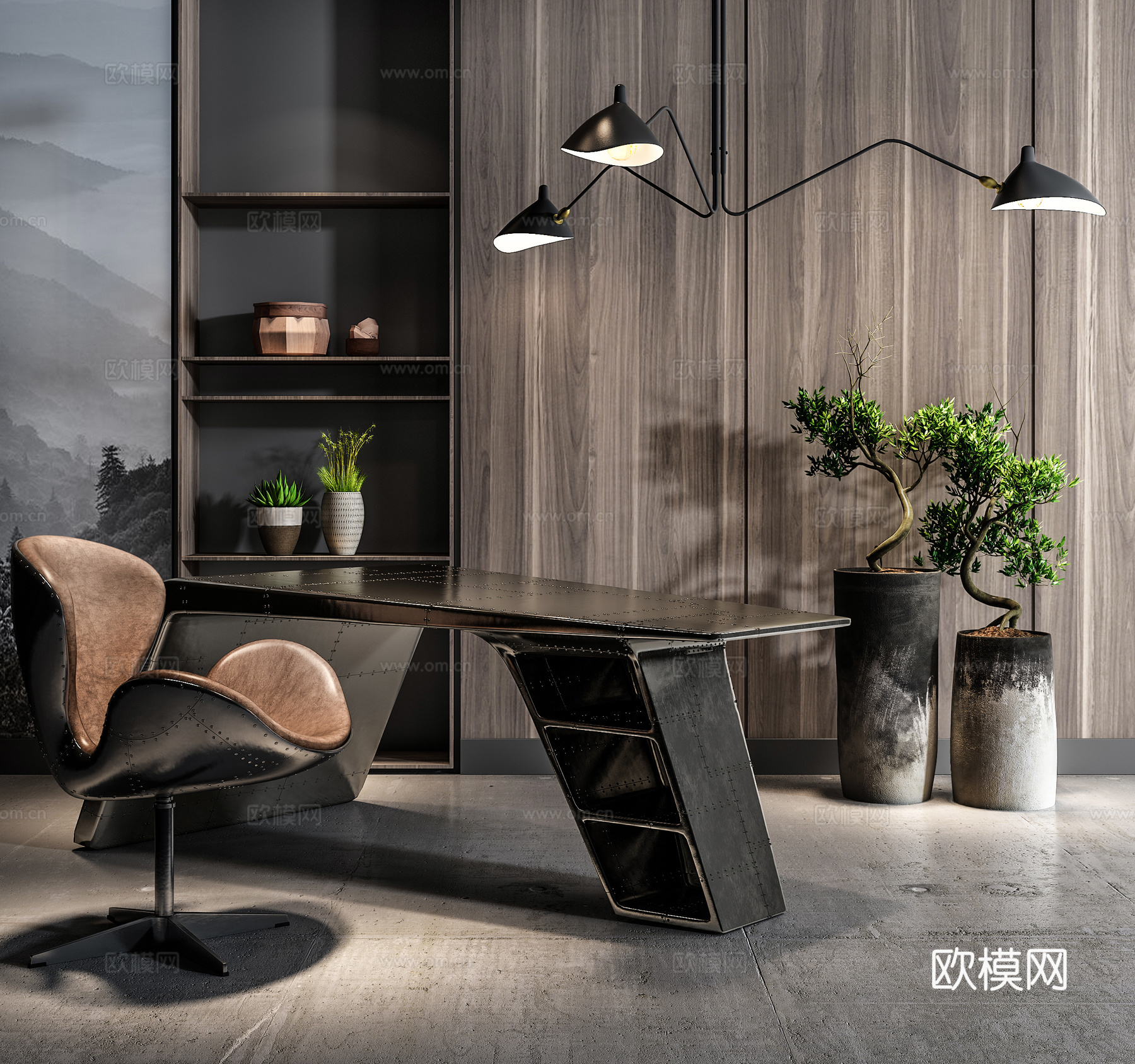 工业风办公桌椅 桌椅书柜组合    吊灯3d模型