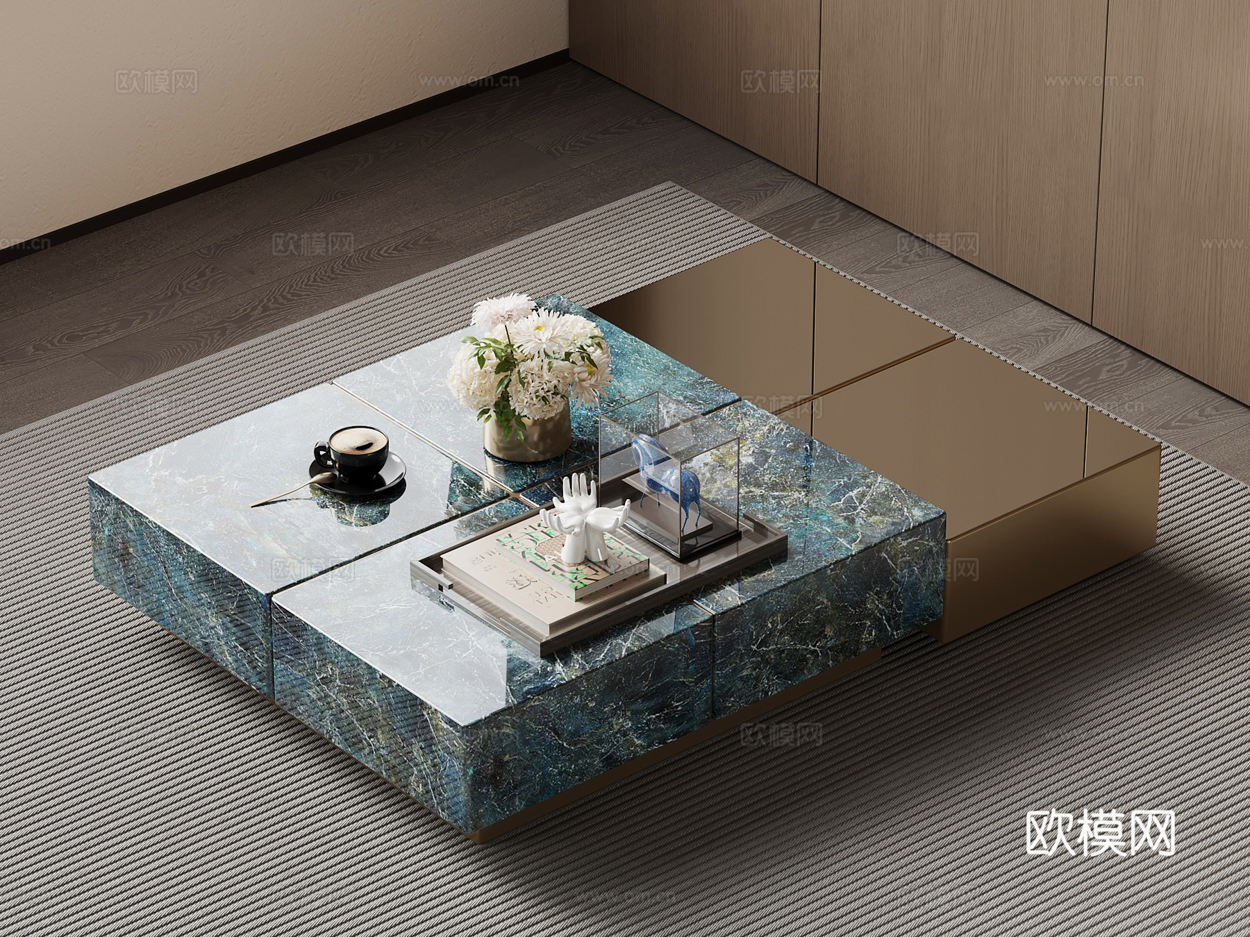 茶几 现代意式茶几 花瓶摆件 现代方形茶几3d模型